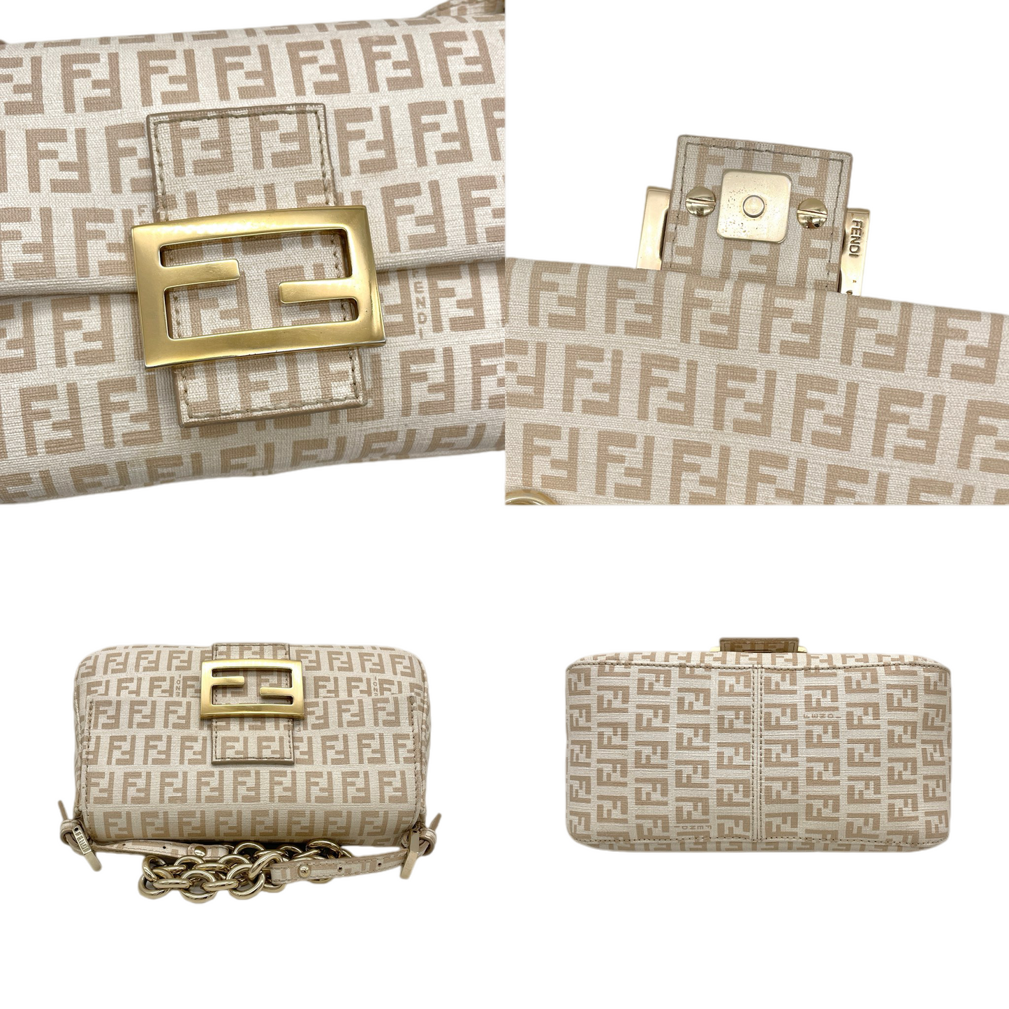 RARE☆☆☆☆FENDI Zucchino PVC Mini Mamma Baguette Chain Shoulder Bag Beige & Gold