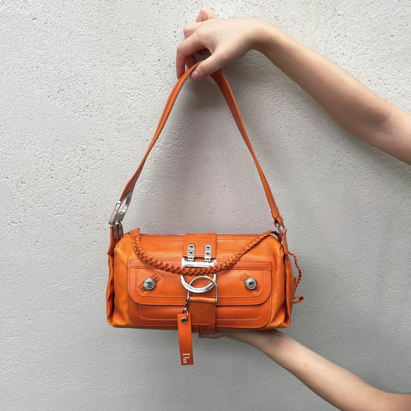 RARE☆☆☆☆CHRISTIAN DIOR 2005 FW Flight Line Leather D Logo Hobo Shoulder Bag Orange &amp; Silver