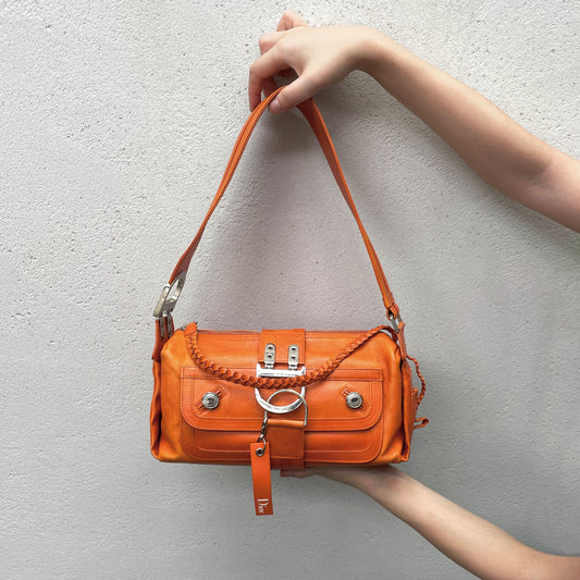 RARE☆☆☆☆CHRISTIAN DIOR 2005 FW Flight Line Leather D Logo Hobo Shoulder Bag Orange &amp; Silver