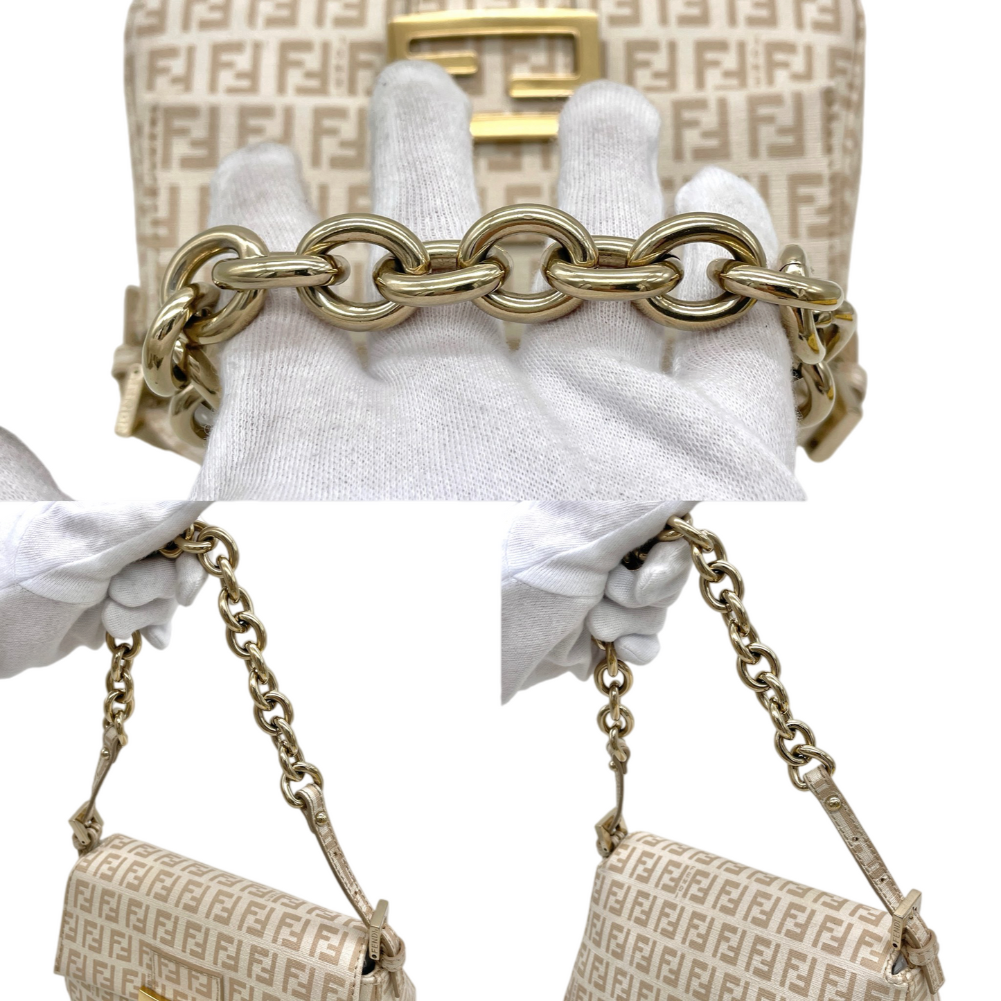 RARE☆☆☆☆FENDI Zucchino PVC Mini Mamma Baguette Chain Shoulder Bag Beige & Gold