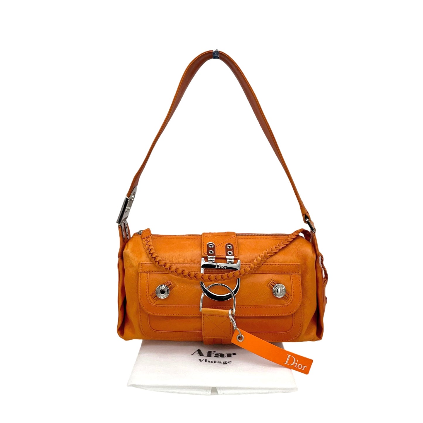 RARE☆☆☆☆CHRISTIAN DIOR 2005 FW Flight Line Leather D Logo Hobo Shoulder Bag Orange &amp; Silver