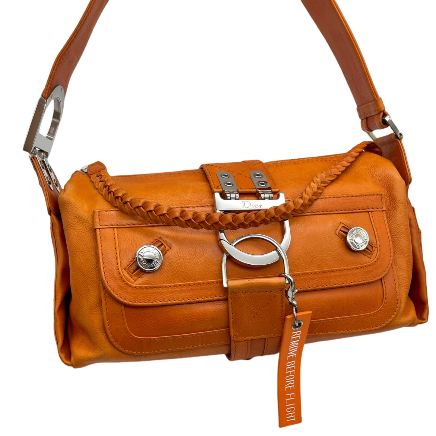 RARE☆☆☆☆CHRISTIAN DIOR 2005 FW Flight Line Leather D Logo Hobo Shoulder Bag Orange &amp; Silver