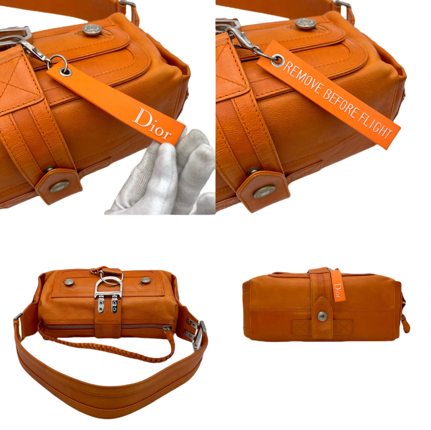 RARE☆☆☆☆CHRISTIAN DIOR 2005 FW Flight Line Leather D Logo Hobo Shoulder Bag Orange &amp; Silver