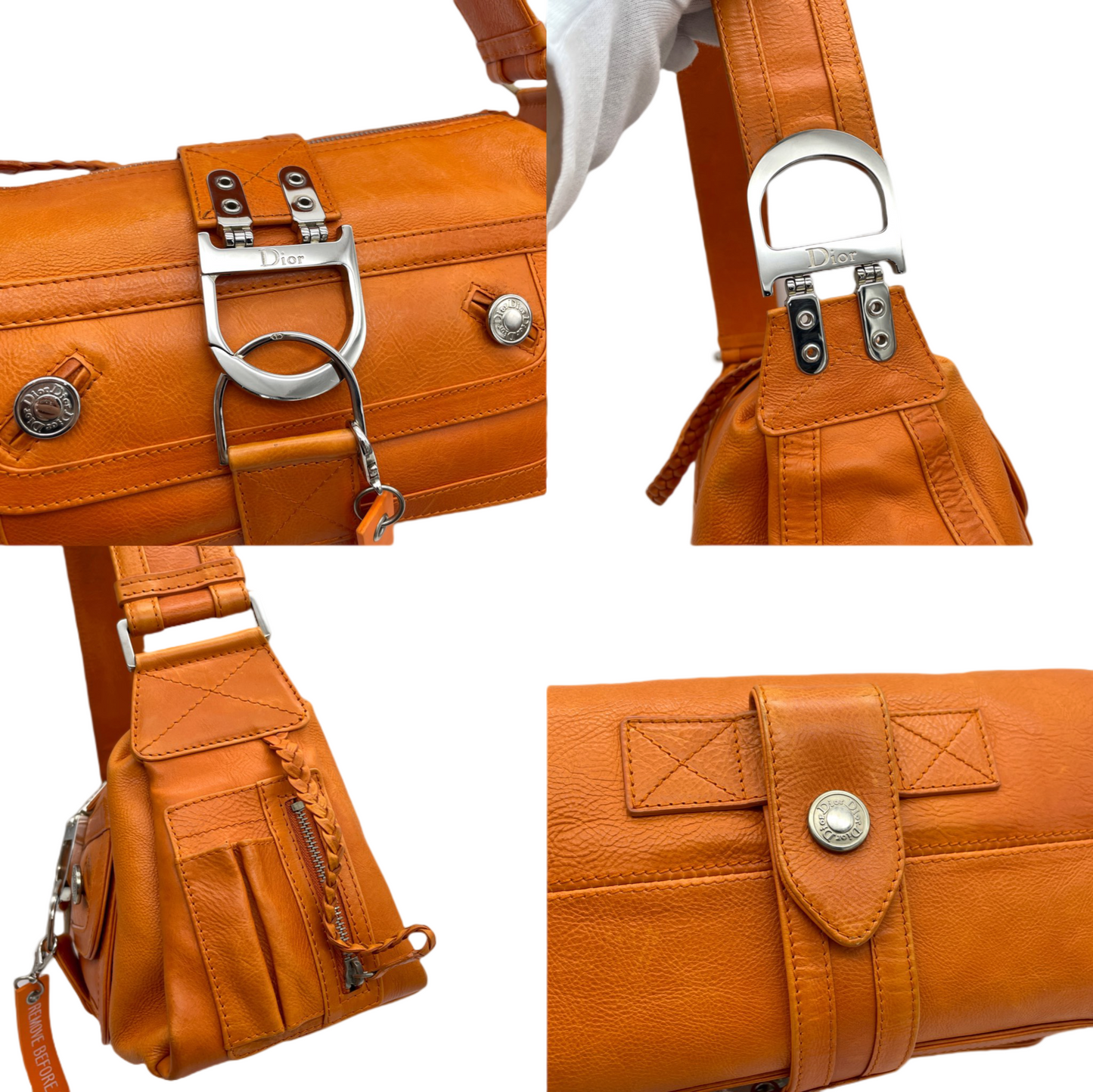 RARE☆☆☆☆CHRISTIAN DIOR 2005 FW Flight Line Leather D Logo Hobo Shoulder Bag Orange &amp; Silver