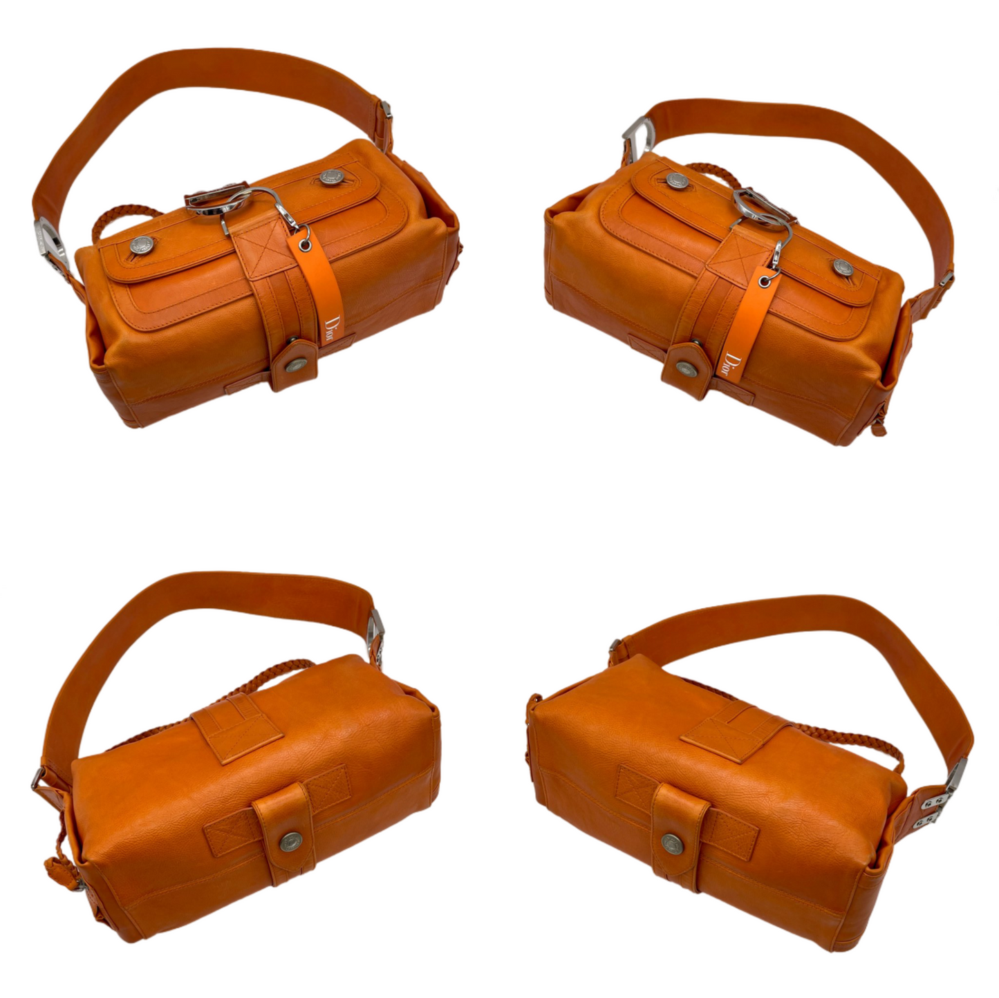 RARE☆☆☆☆CHRISTIAN DIOR 2005 FW Flight Line Leather D Logo Hobo Shoulder Bag Orange &amp; Silver