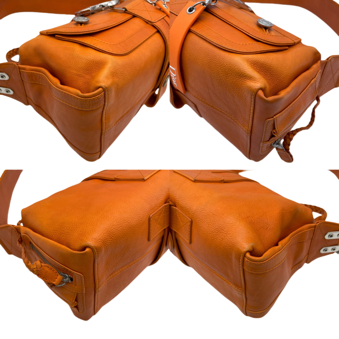 RARE☆☆☆☆CHRISTIAN DIOR 2005 FW Flight Line Leather D Logo Hobo Shoulder Bag Orange &amp; Silver