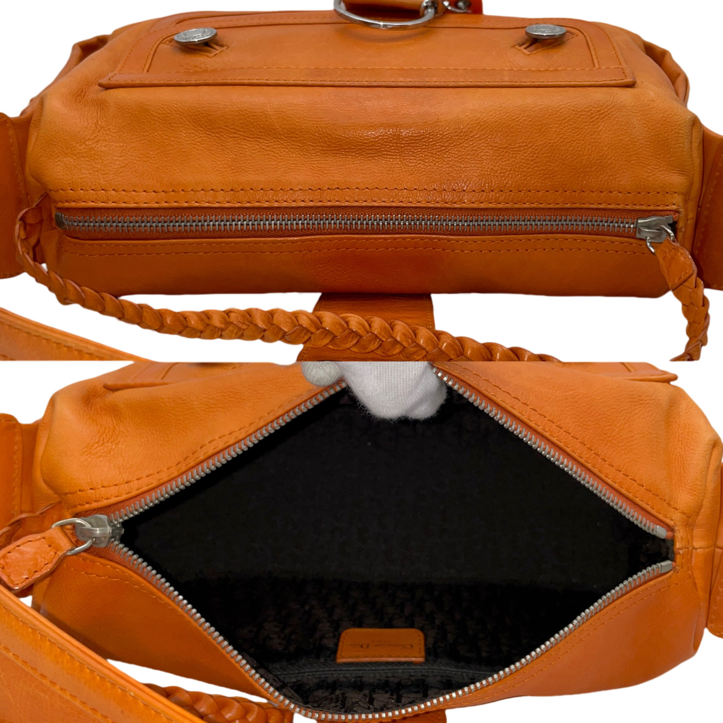 RARE☆☆☆☆CHRISTIAN DIOR 2005 FW Flight Line Leather D Logo Hobo Shoulder Bag Orange &amp; Silver