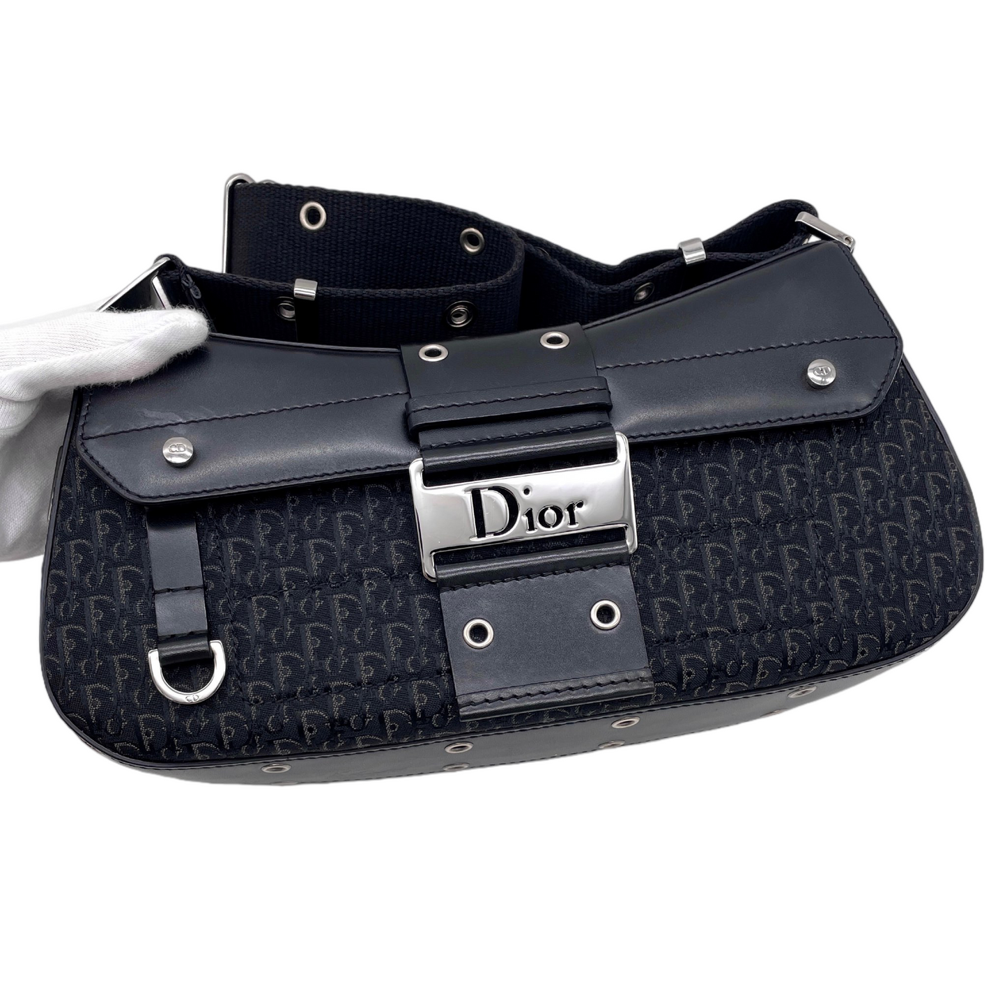 RARE☆☆☆CHRISTIAN DIOR 2003 Street Chic Trotter Canvas & Leather HOBO Shoulder Bag MM Columbus Bag Black & Silver