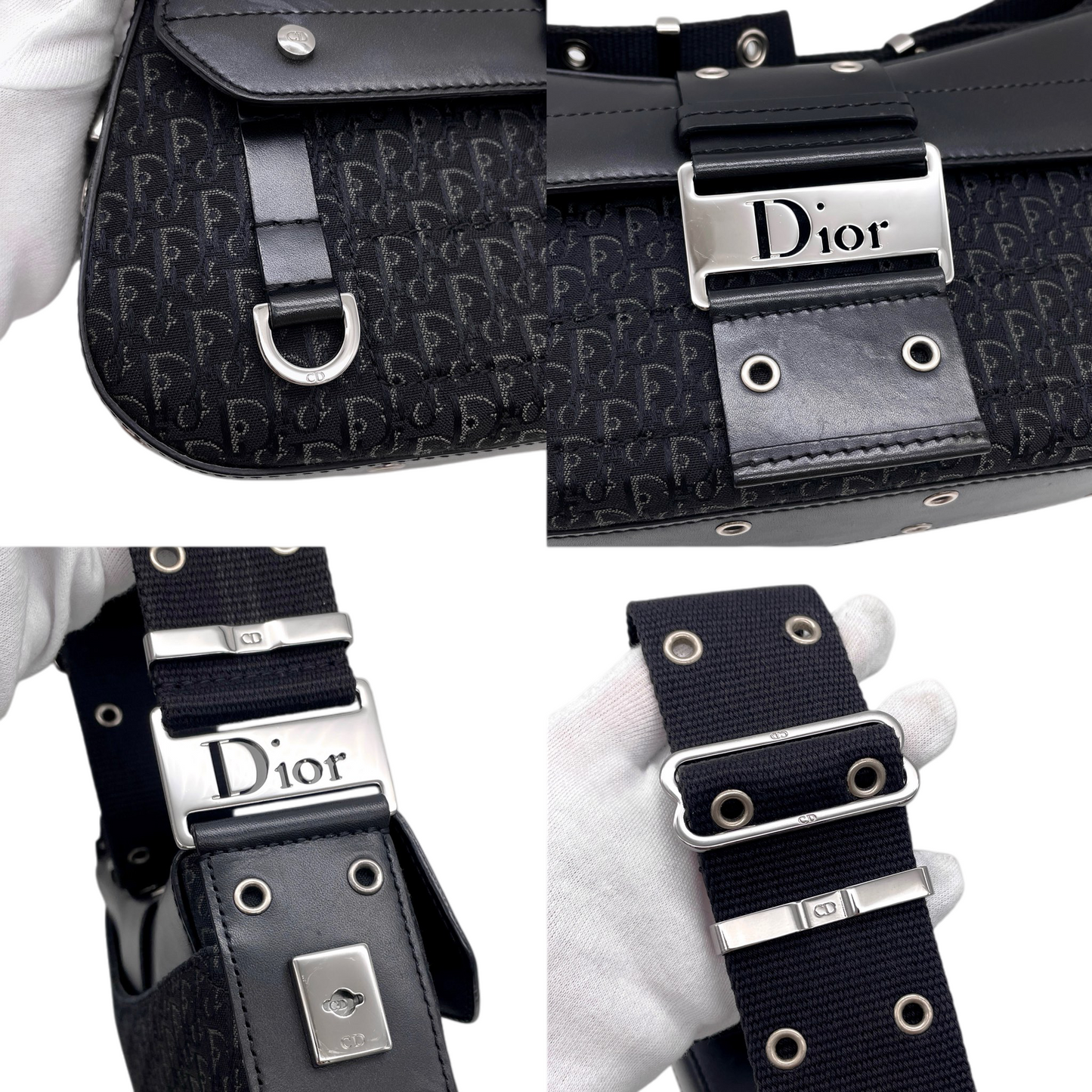 RARE☆☆☆CHRISTIAN DIOR 2003 Street Chic Trotter Canvas & Leather HOBO Shoulder Bag MM Columbus Bag Black & Silver