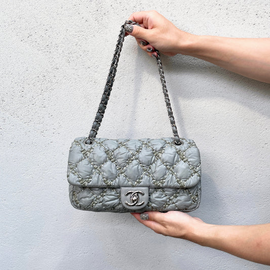 CHANEL Wild Stitch Matelasse Coco Mark Double Chain Flap Bag Grey