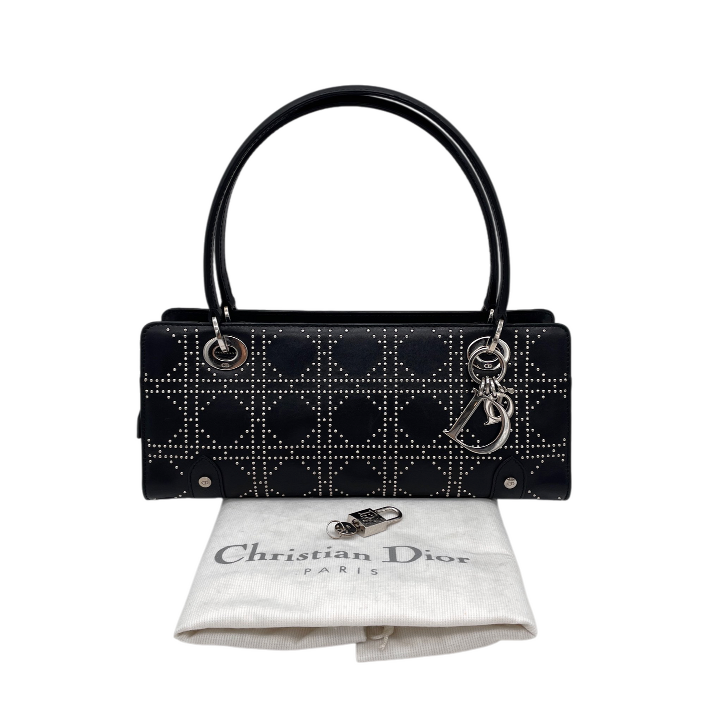 RARE★★★★CHRISTIAN DIOR 2003 Lady-Dior East-West Nailhead Cannage Leather D.i.o.r Pendant Shoulder Bag Black/Silver