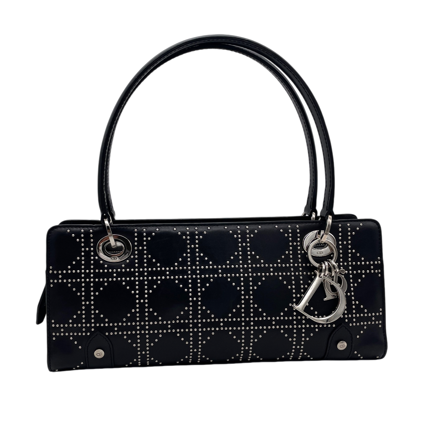 RARE★★★★CHRISTIAN DIOR 2003 Lady-Dior East-West Nailhead Cannage Leather D.i.o.r Pendant Shoulder Bag Black/Silver