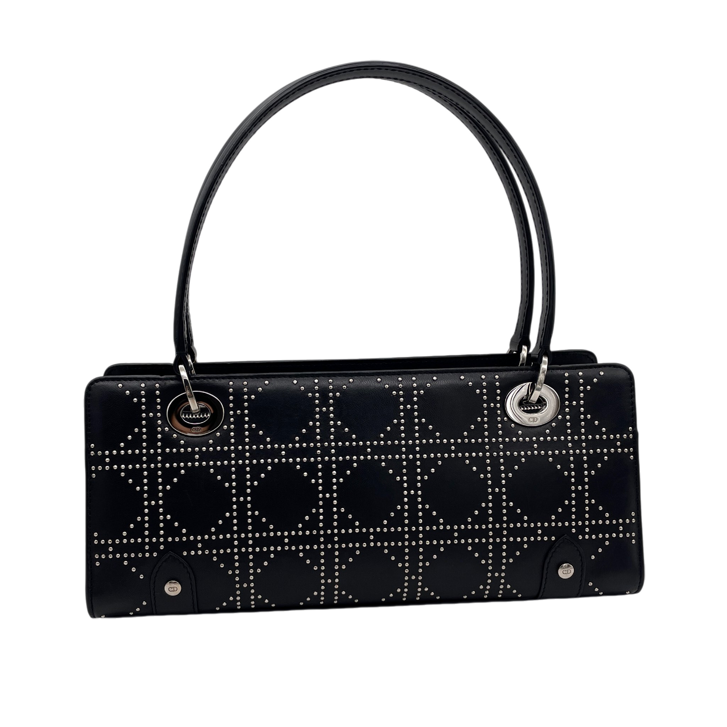 RARE★★★★CHRISTIAN DIOR 2003 Lady-Dior East-West Nailhead Cannage Leather D.i.o.r Pendant Shoulder Bag Black/Silver
