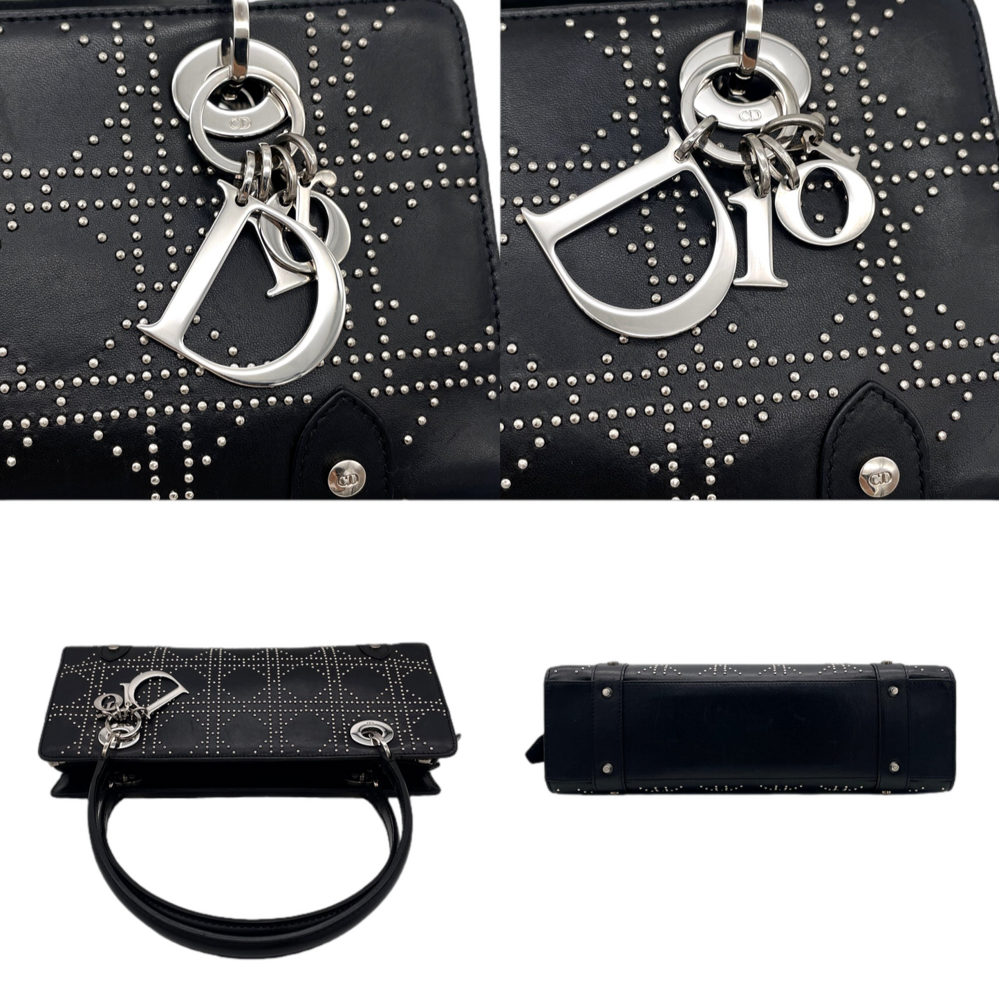RARE★★★★CHRISTIAN DIOR 2003 Lady-Dior East-West Nailhead Cannage Leather D.i.o.r Pendant Shoulder Bag Black/Silver