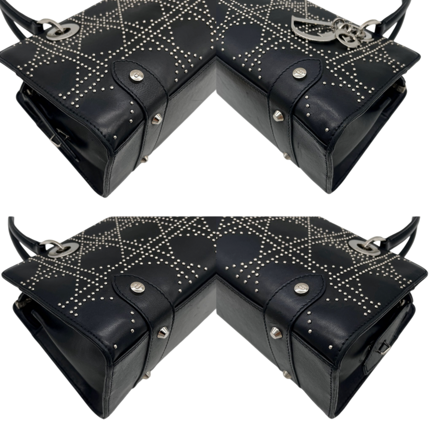 RARE★★★★CHRISTIAN DIOR 2003 Lady-Dior East-West Nailhead Cannage Leather D.i.o.r Pendant Shoulder Bag Black/Silver