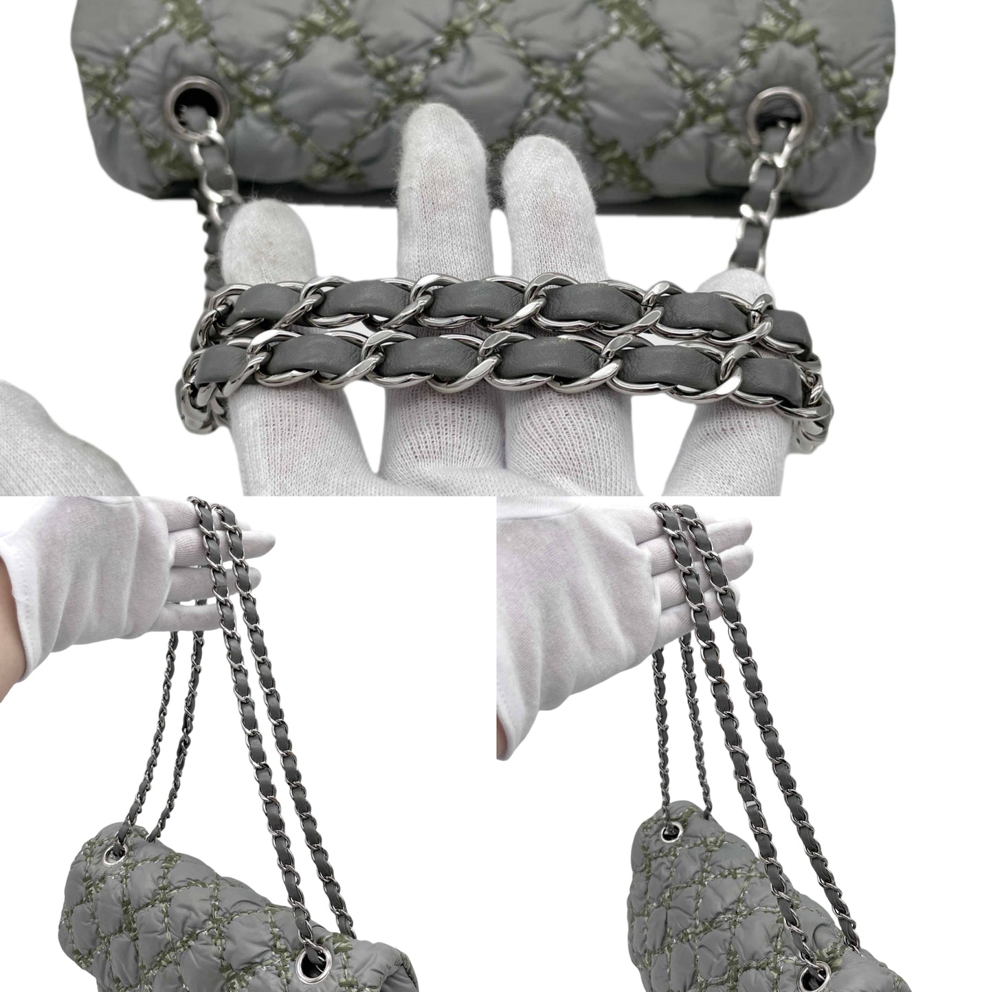 CHANEL Wild Stitch Matelasse Coco Mark Double Chain Flap Bag Grey