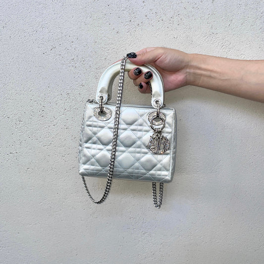 RARE☆☆☆☆☆☆CHRISTIAN DIOR Preloved Lady Dior Cannage Satin Rhinestone Pendant Mini Tote Hand Bag Baby Blue &amp; Silver