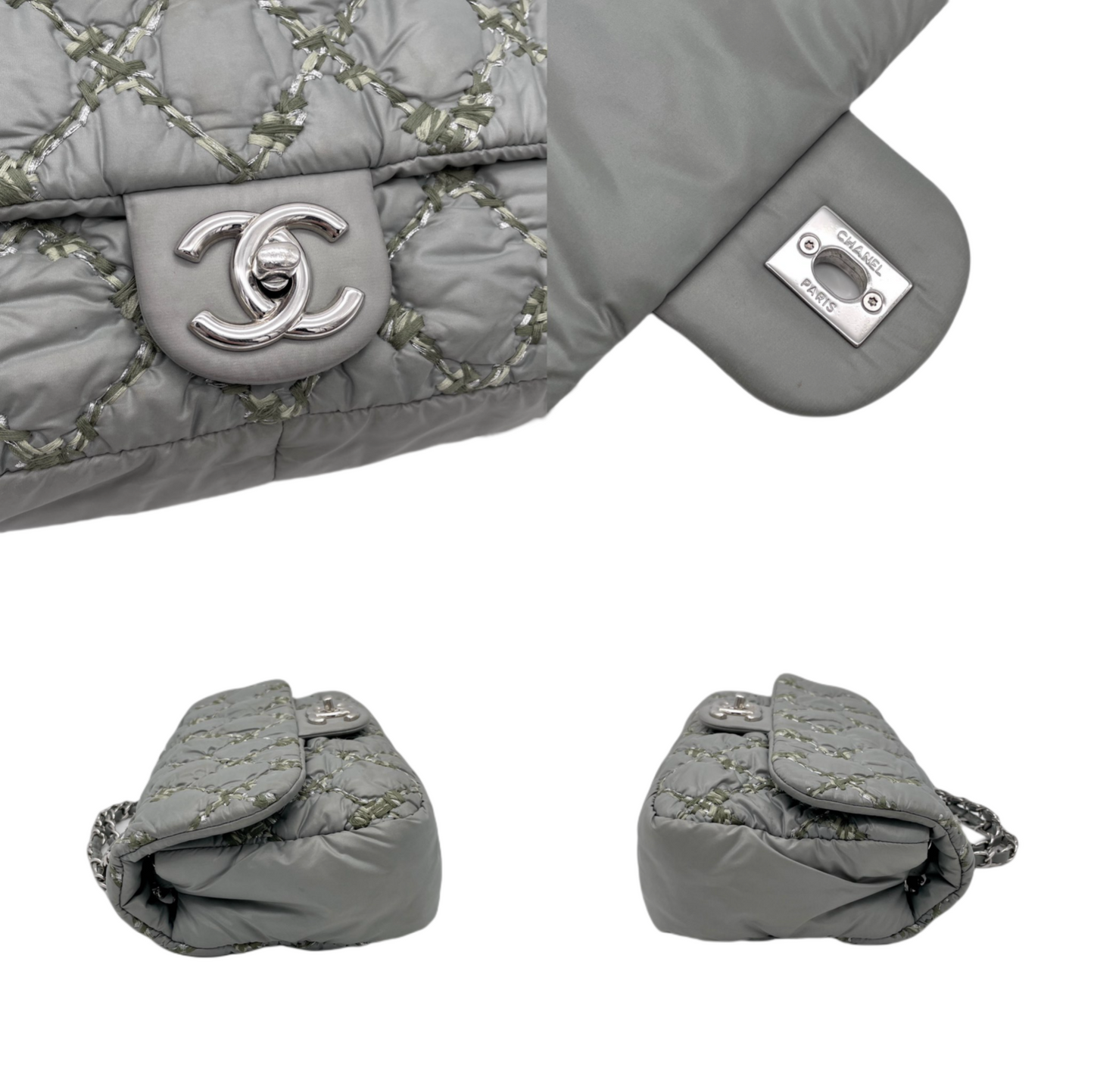 CHANEL Wild Stitch Matelasse Coco Mark Double Chain Flap Bag Grey