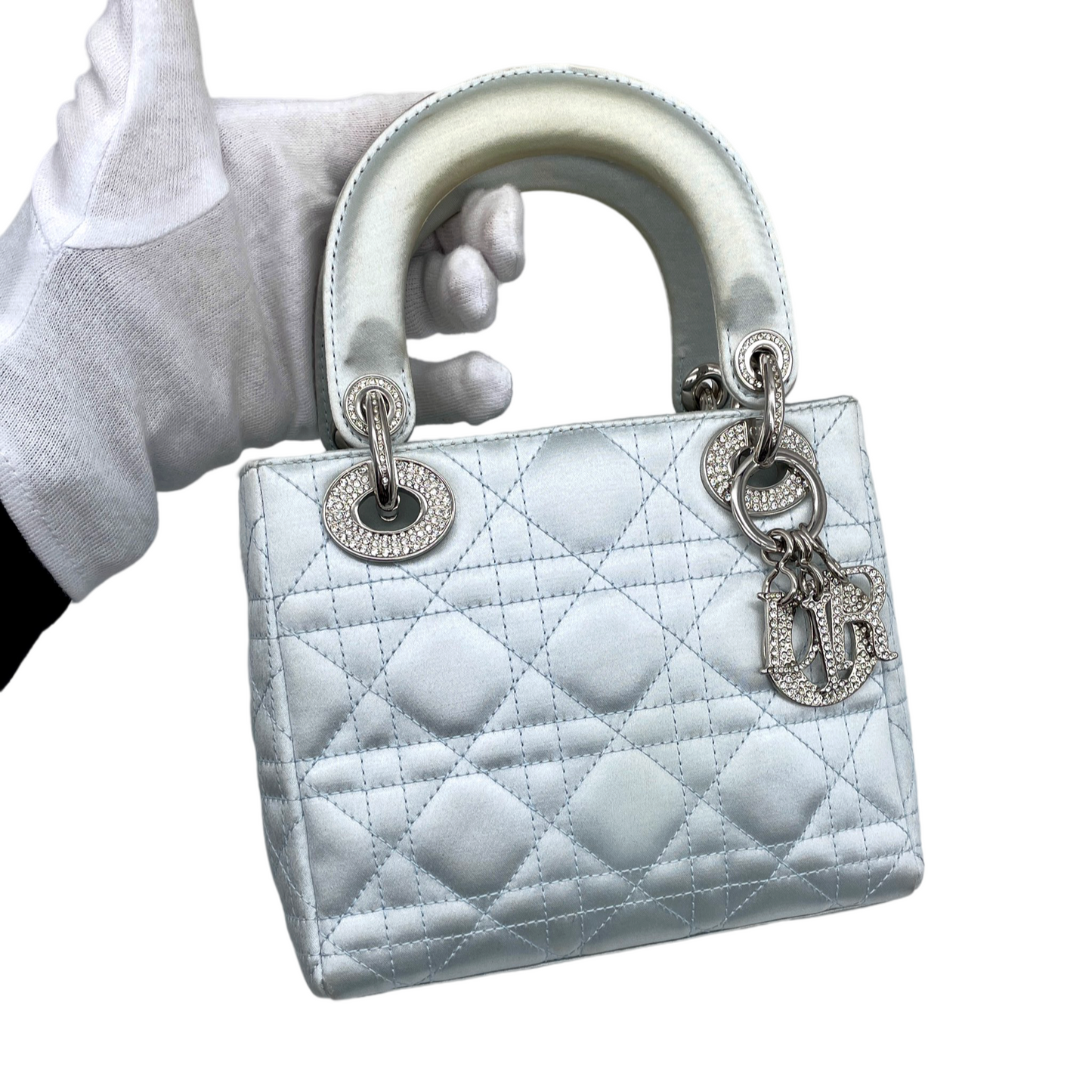RARE☆☆☆☆☆☆CHRISTIAN DIOR Preloved Lady Dior Cannage Satin Rhinestone Pendant Mini Tote Hand Bag Baby Blue &amp; Silver