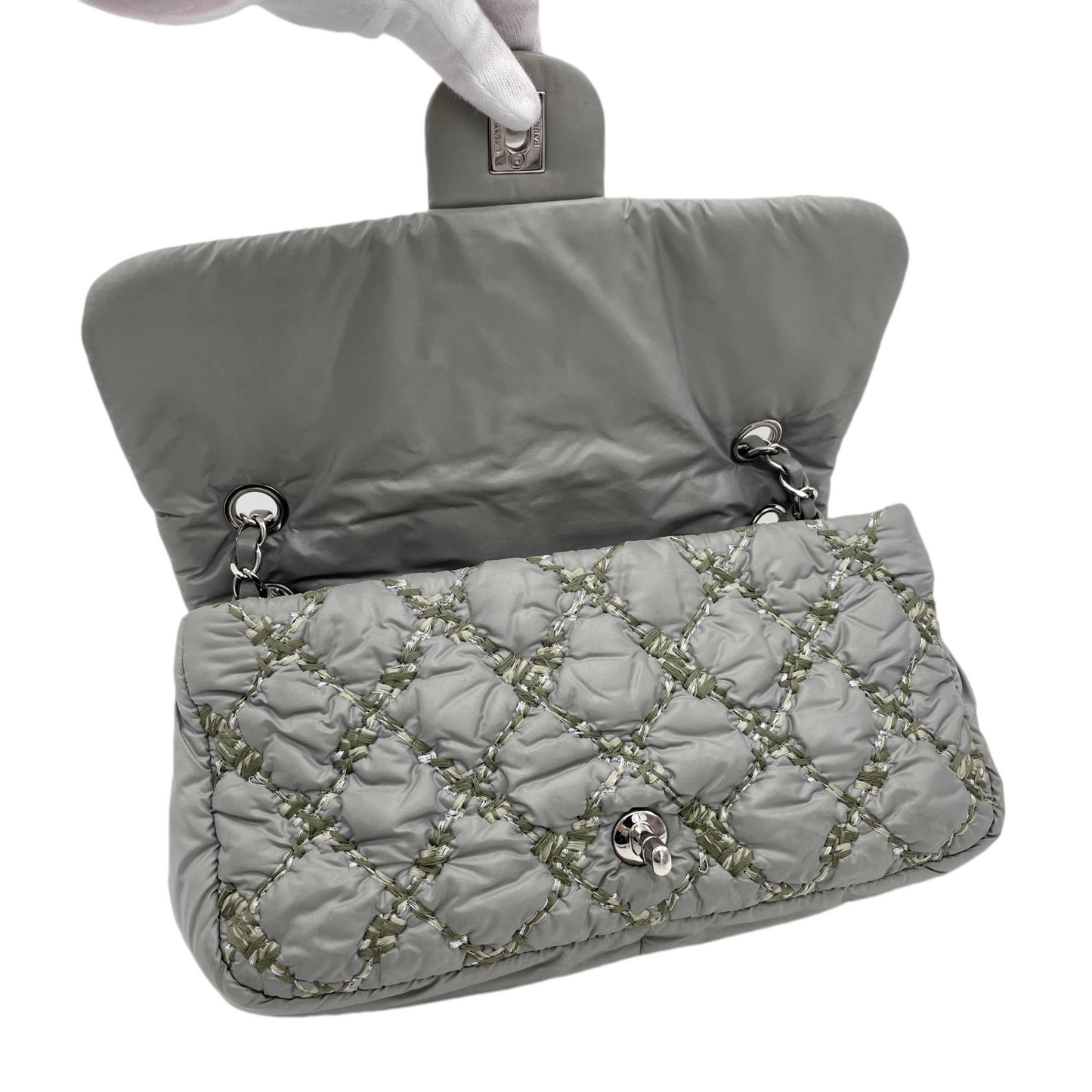 CHANEL Wild Stitch Matelasse Coco Mark Double Chain Flap Bag Grey