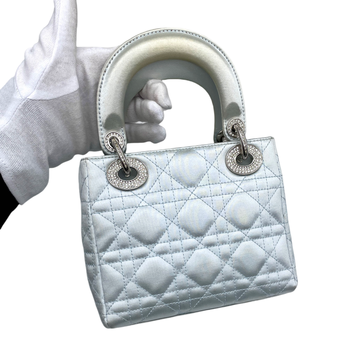 RARE☆☆☆☆☆☆CHRISTIAN DIOR Preloved Lady Dior Cannage Satin Rhinestone Pendant Mini Tote Hand Bag Baby Blue &amp; Silver