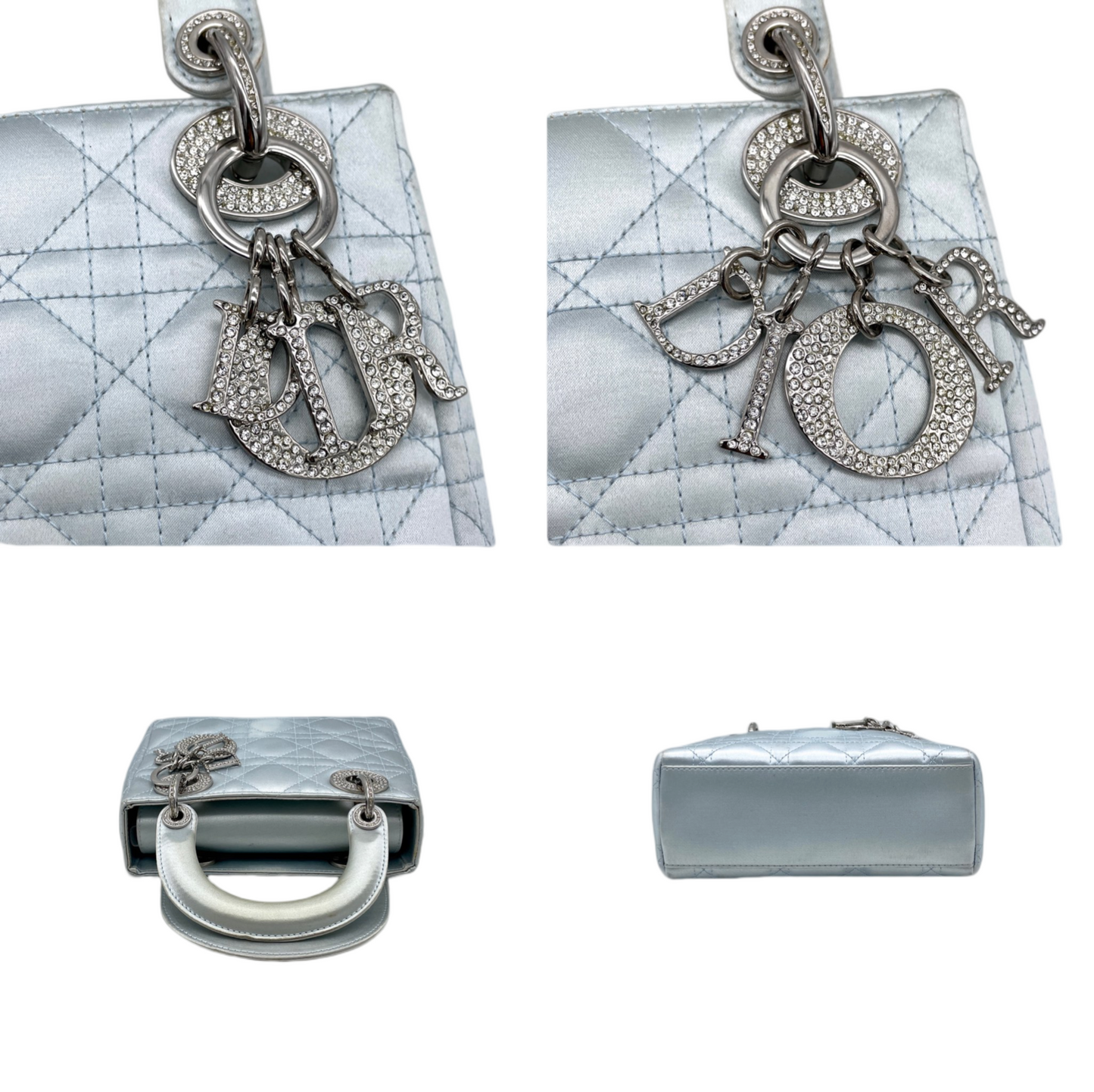 RARE☆☆☆☆☆☆CHRISTIAN DIOR Preloved Lady Dior Cannage Satin Rhinestone Pendant Mini Tote Hand Bag Baby Blue &amp; Silver