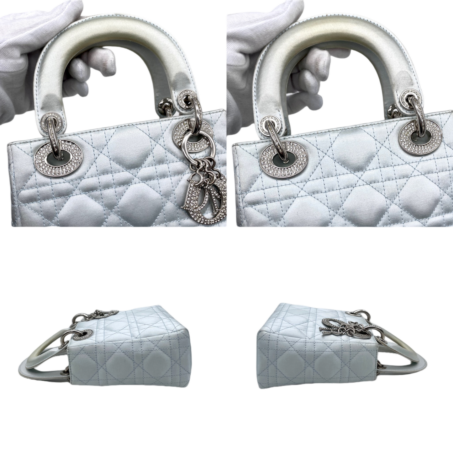 RARE☆☆☆☆☆☆CHRISTIAN DIOR Preloved Lady Dior Cannage Satin Rhinestone Pendant Mini Tote Hand Bag Baby Blue &amp; Silver