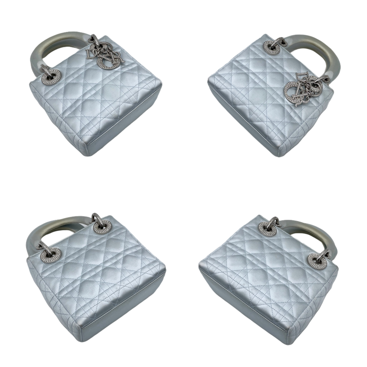 RARE☆☆☆☆☆☆CHRISTIAN DIOR Preloved Lady Dior Cannage Satin Rhinestone Pendant Mini Tote Hand Bag Baby Blue &amp; Silver