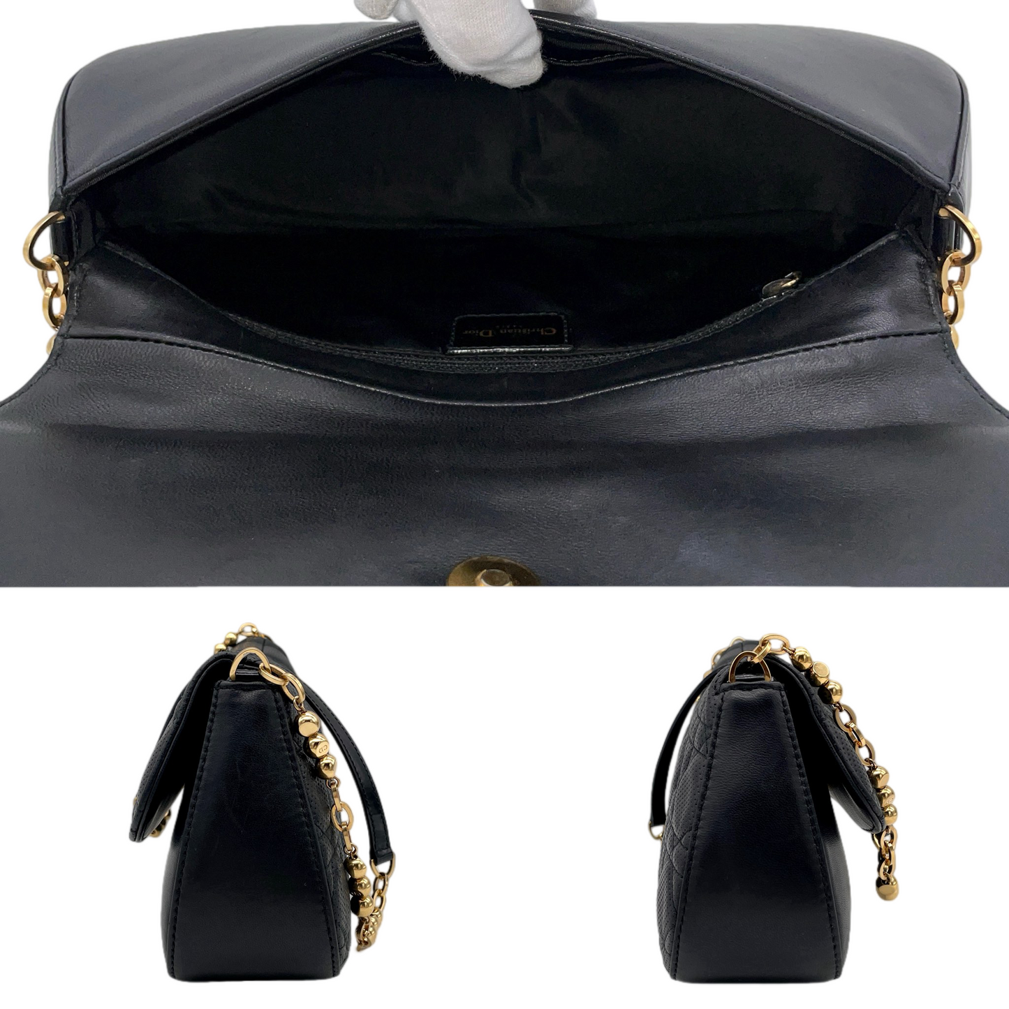 RARE★★★CHRISTIAN DIOR 2001 Cannage Leather Chain Shoulder Flap Bag Small Black/Gold
