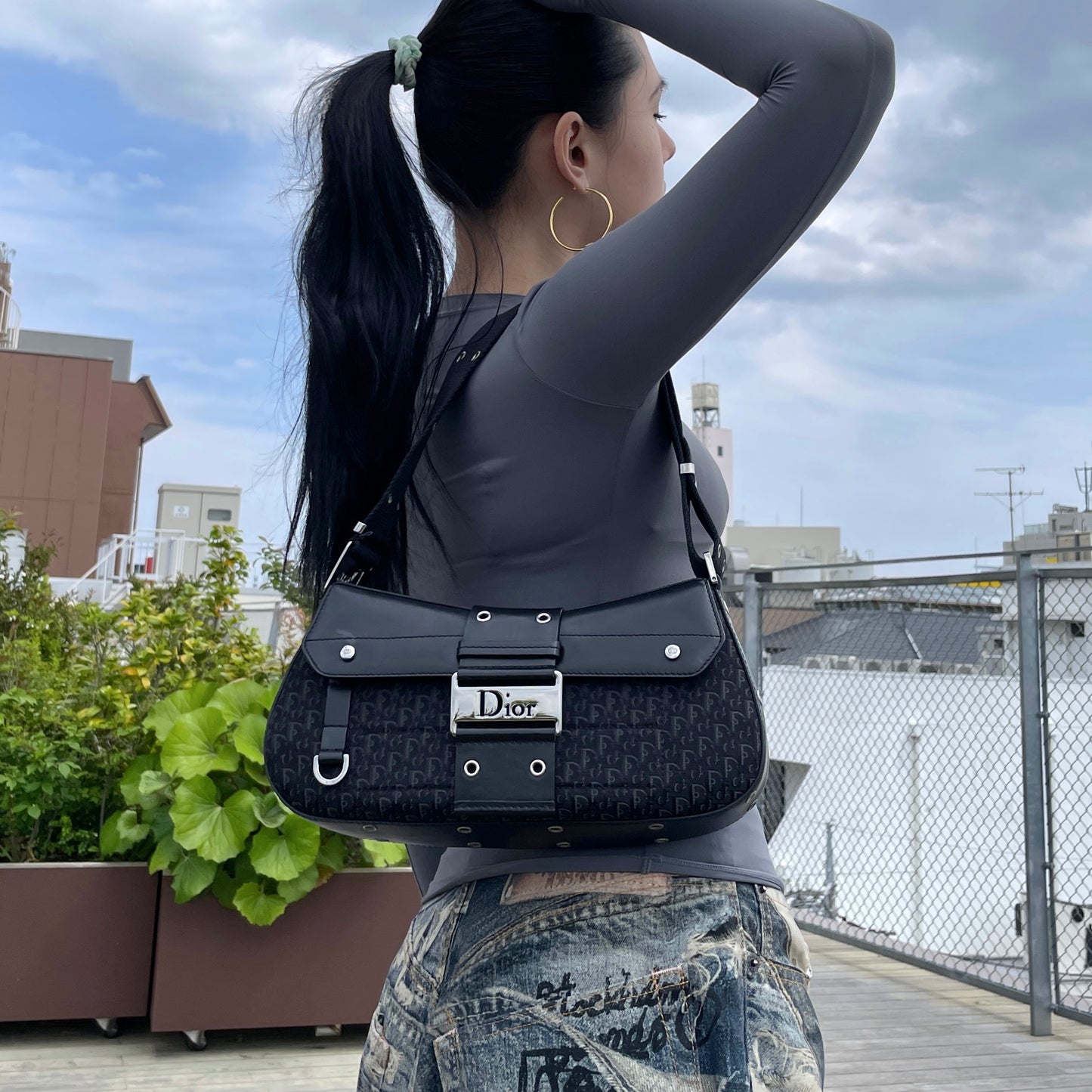 RARE☆☆☆CHRISTIAN DIOR 2003 Street Chic Trotter Canvas & Leather HOBO Shoulder Bag MM Columbus Bag Black & Silver