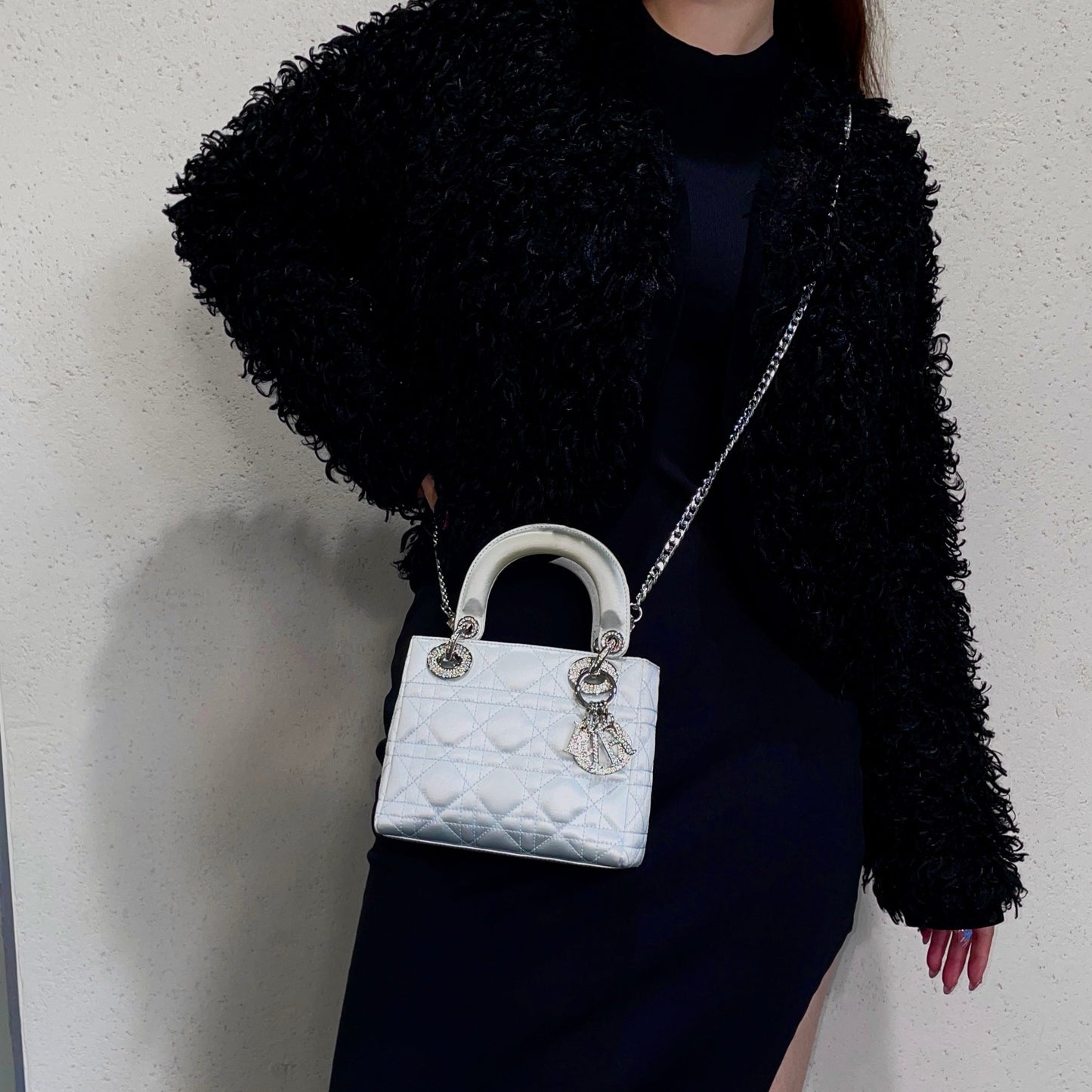 RARE☆☆☆☆☆☆CHRISTIAN DIOR Preloved Lady Dior Cannage Satin Rhinestone Pendant Mini Tote Hand Bag Baby Blue &amp; Silver