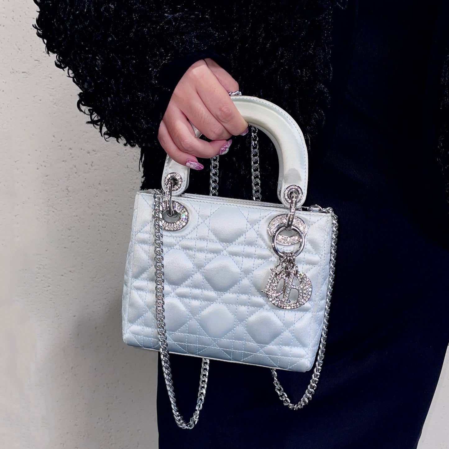 RARE☆☆☆☆☆☆CHRISTIAN DIOR Preloved Lady Dior Cannage Satin Rhinestone Pendant Mini Tote Hand Bag Baby Blue &amp; Silver