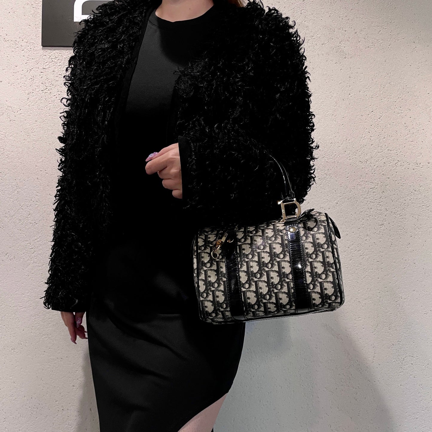 AUTHENTIC PRELOVED RARE☆☆☆CHRISTIAN DIOR 2004 Trotter PVC Mini Boston Handbag 20cm Navy &amp; Gold