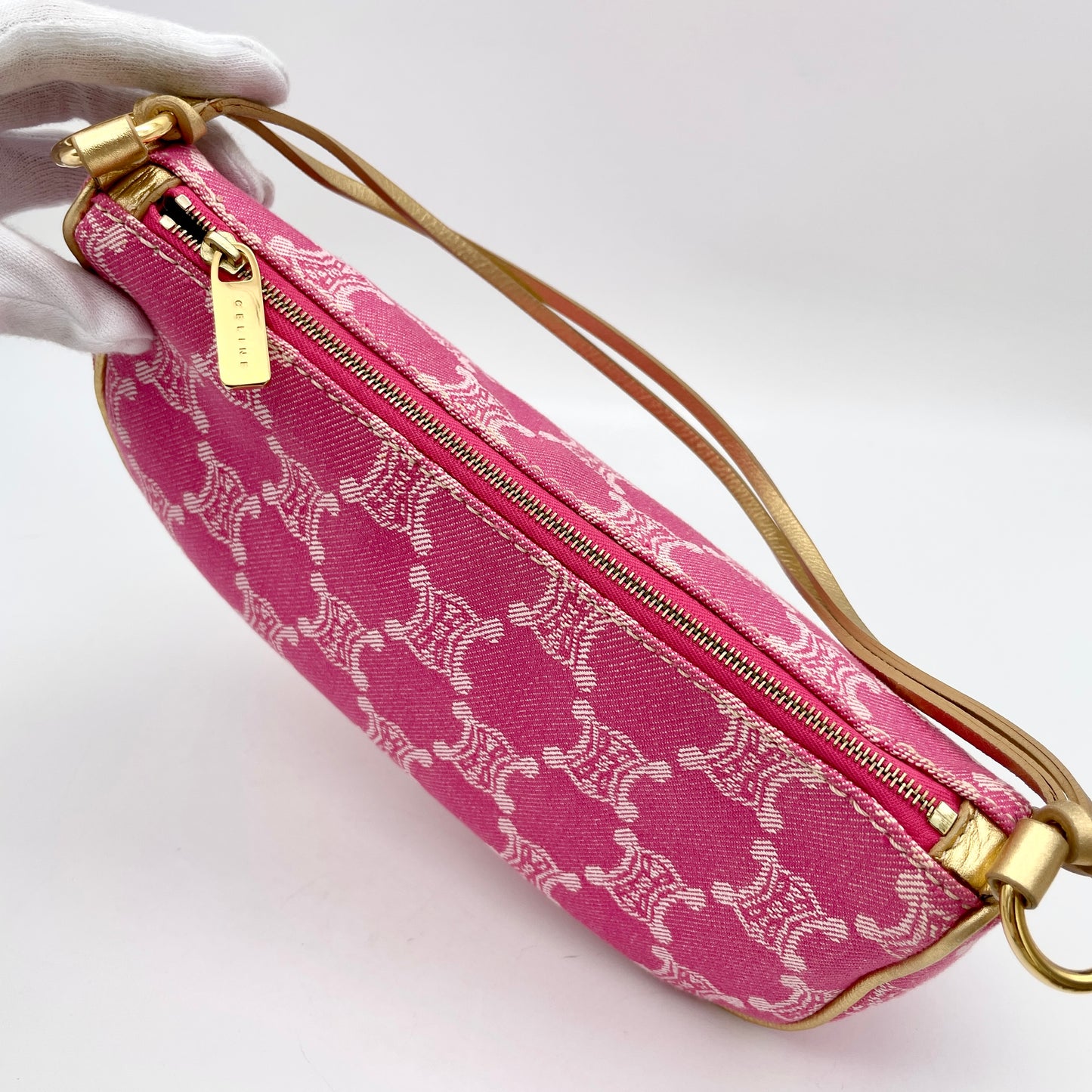 RARE☆☆☆CELINE Macadam Pink Denim Accessory Pouch Shoulder Bag Gold Leather