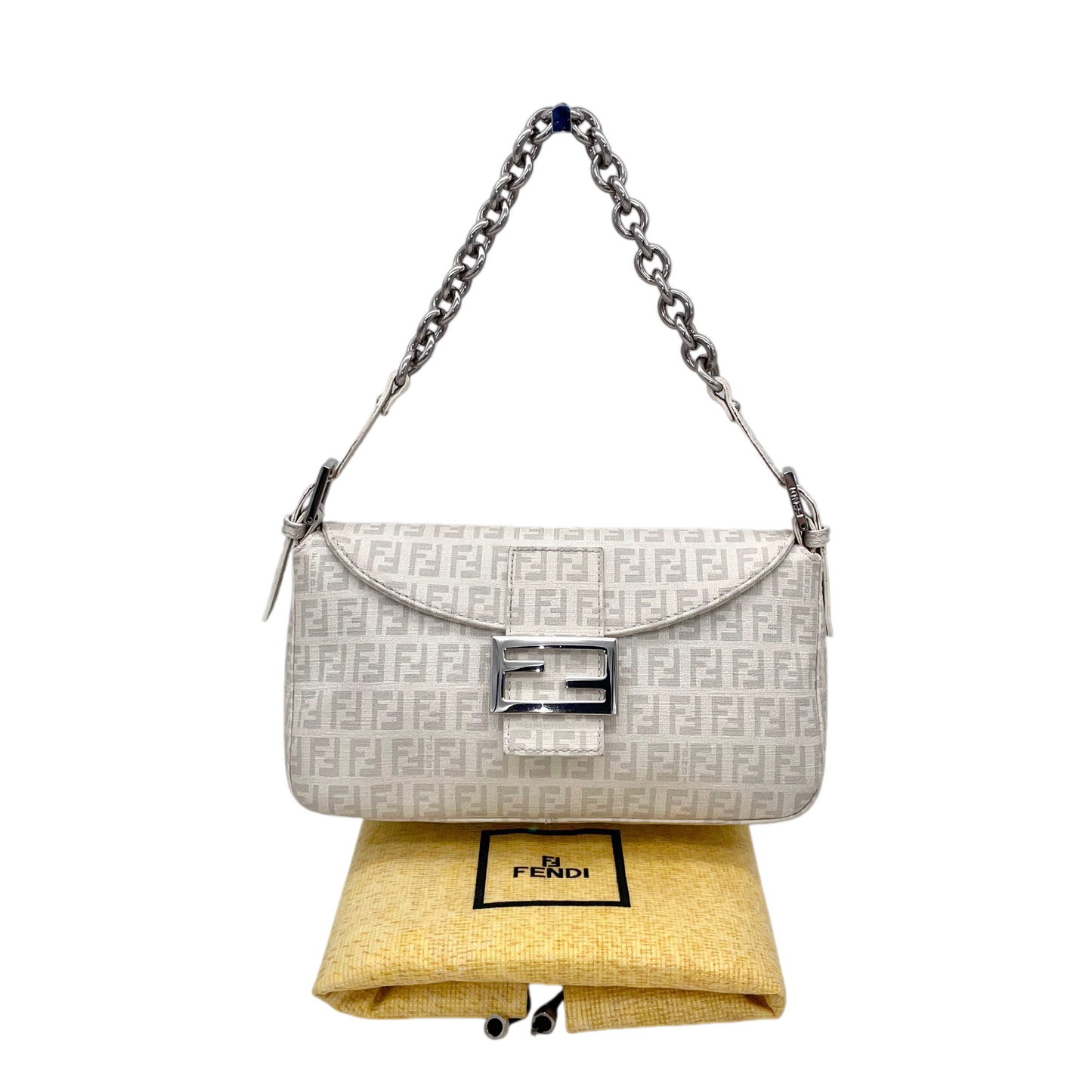 RARE★★★FENDI Mamma Baguette Zucchino PVC Round Double Flap Chain Shoulder Bag Medium White/Silver