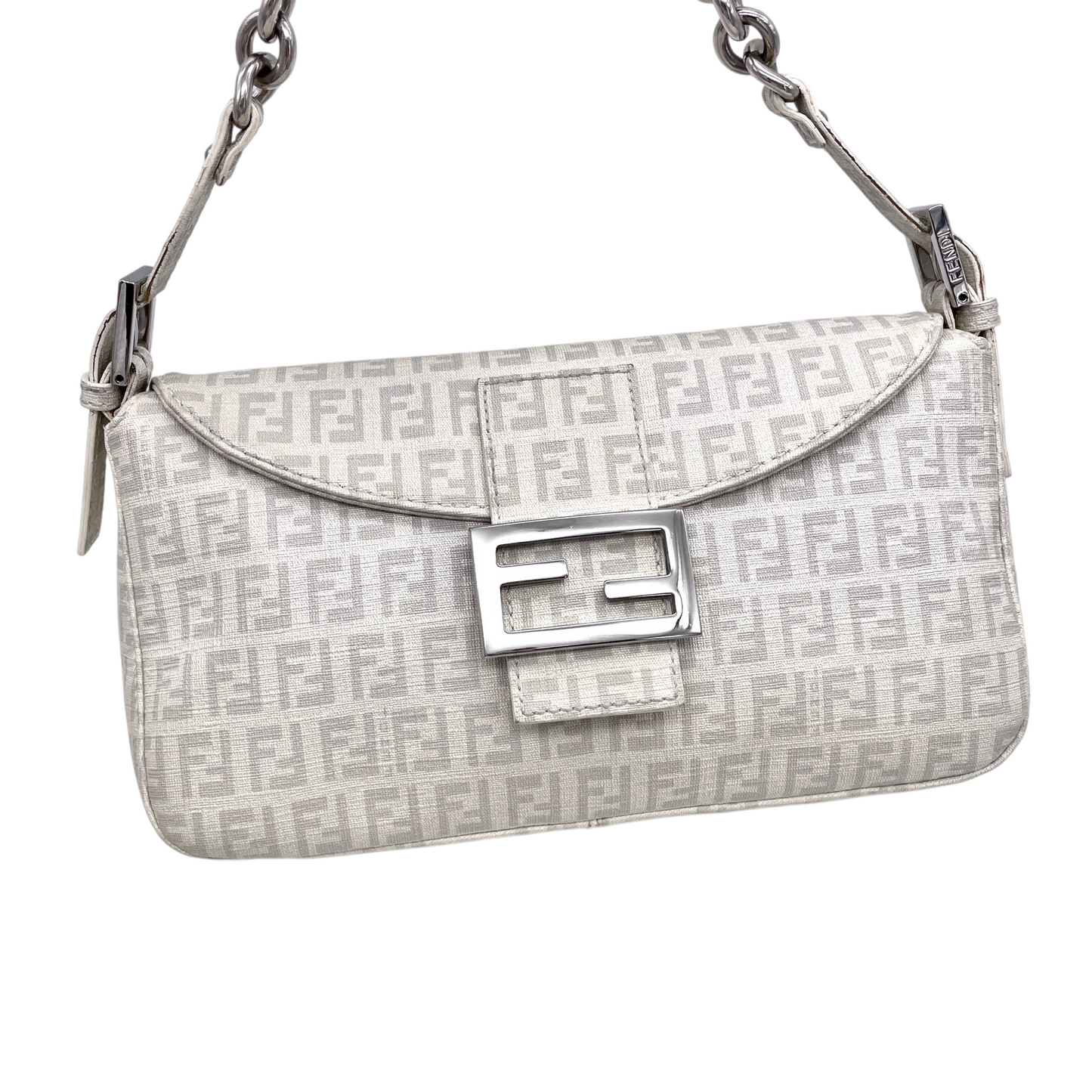 RARE★★★FENDI Mamma Baguette Zucchino PVC Round Double Flap Chain Shoulder Bag Medium White/Silver