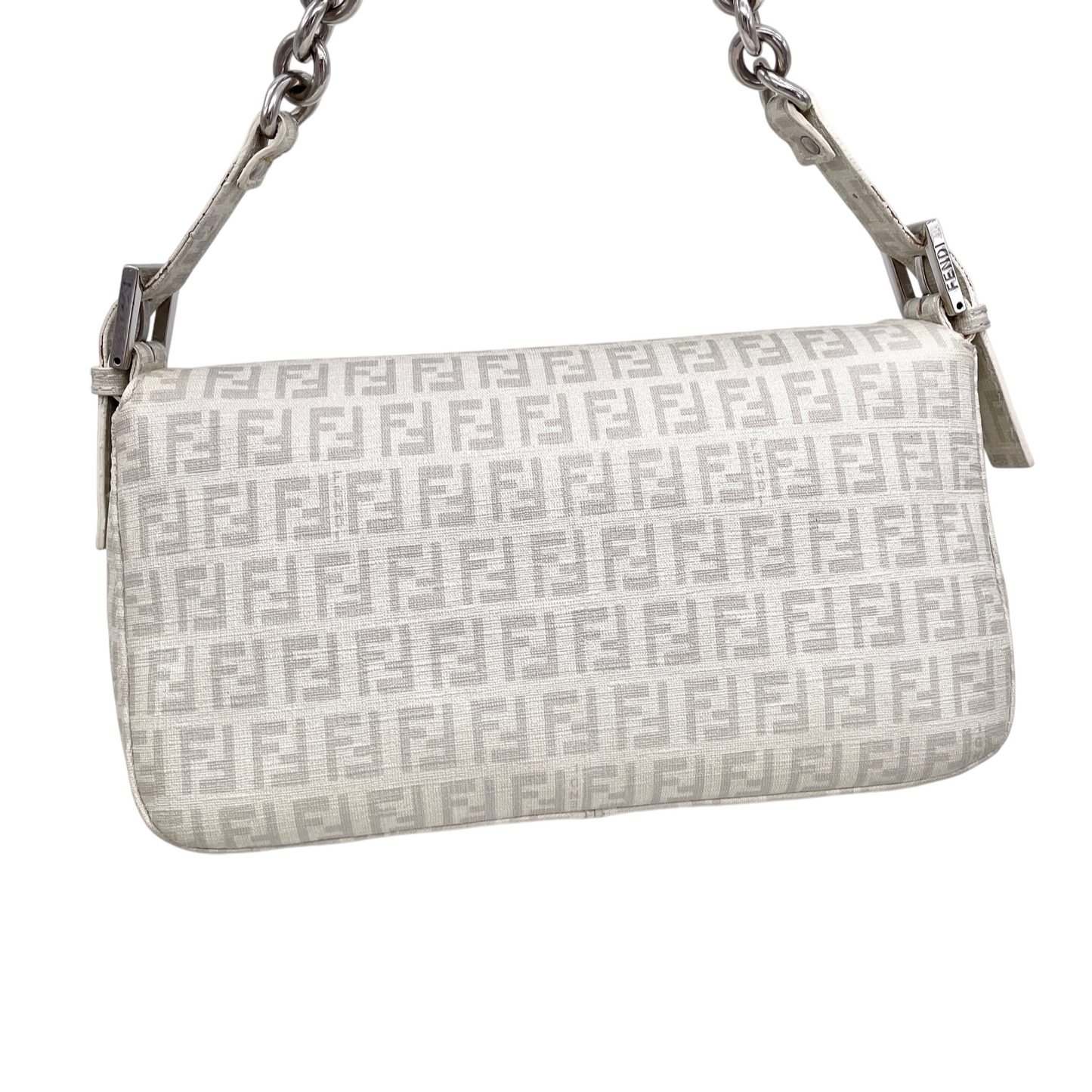 RARE★★★FENDI Mamma Baguette Zucchino PVC Round Double Flap Chain Shoulder Bag Medium White/Silver