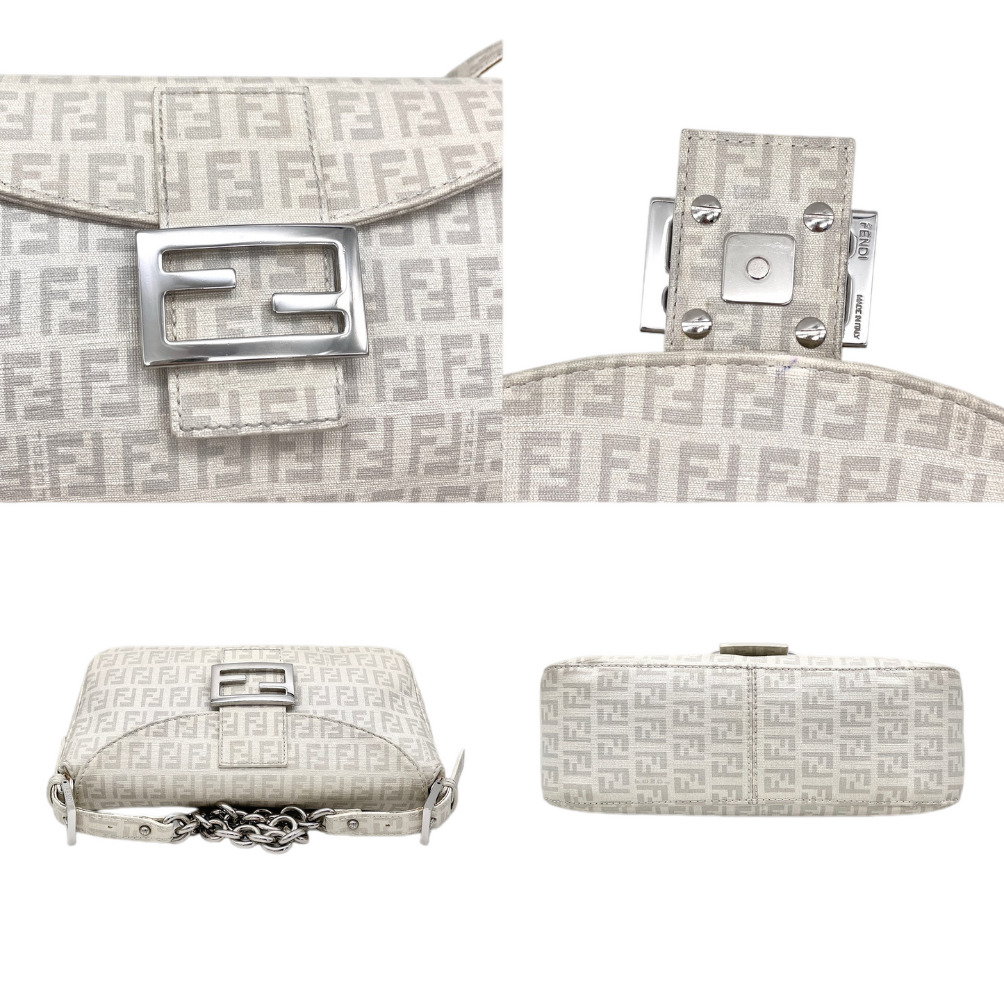 RARE★★★FENDI Mamma Baguette Zucchino PVC Round Double Flap Chain Shoulder Bag Medium White/Silver