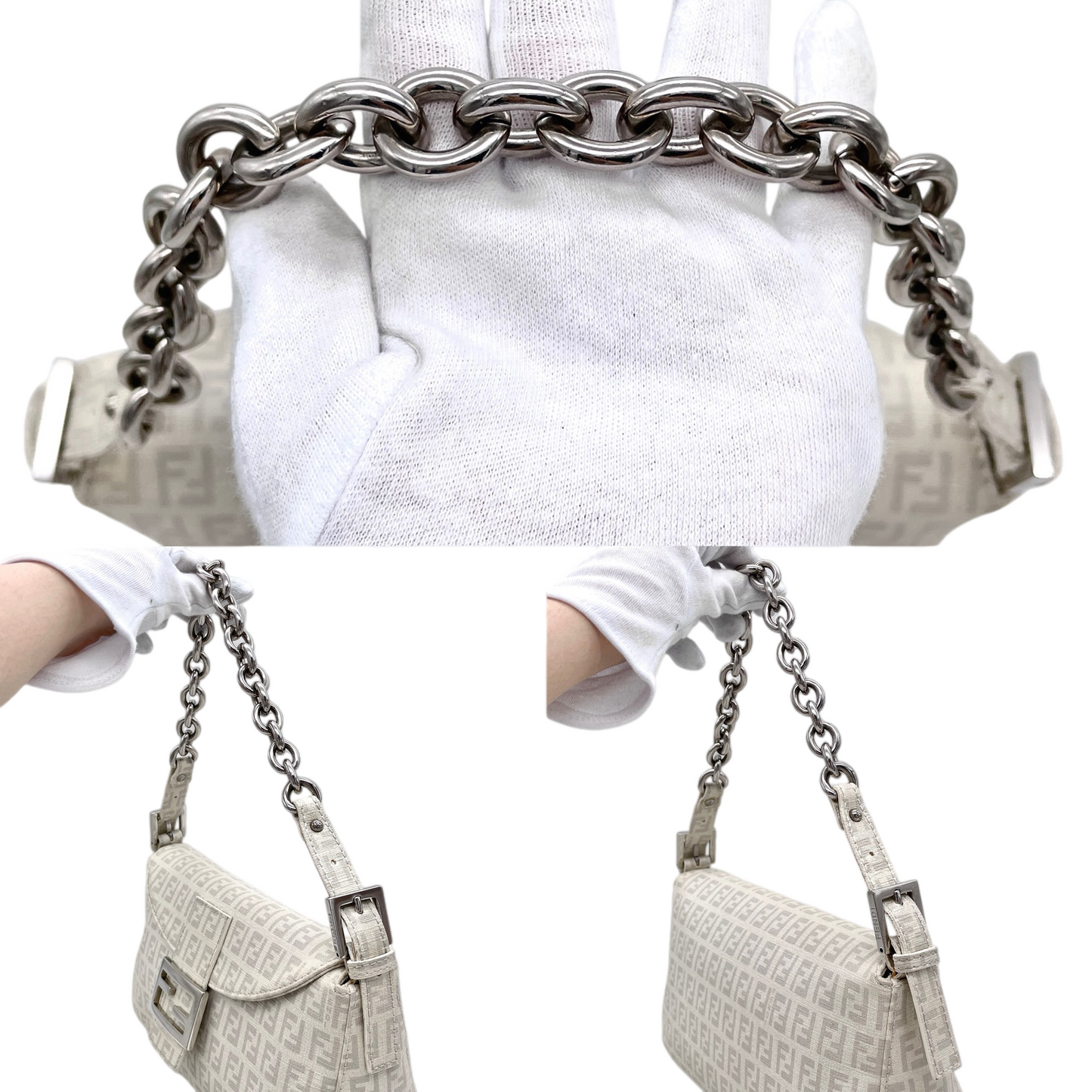 RARE★★★FENDI Mamma Baguette Zucchino PVC Round Double Flap Chain Shoulder Bag Medium White/Silver