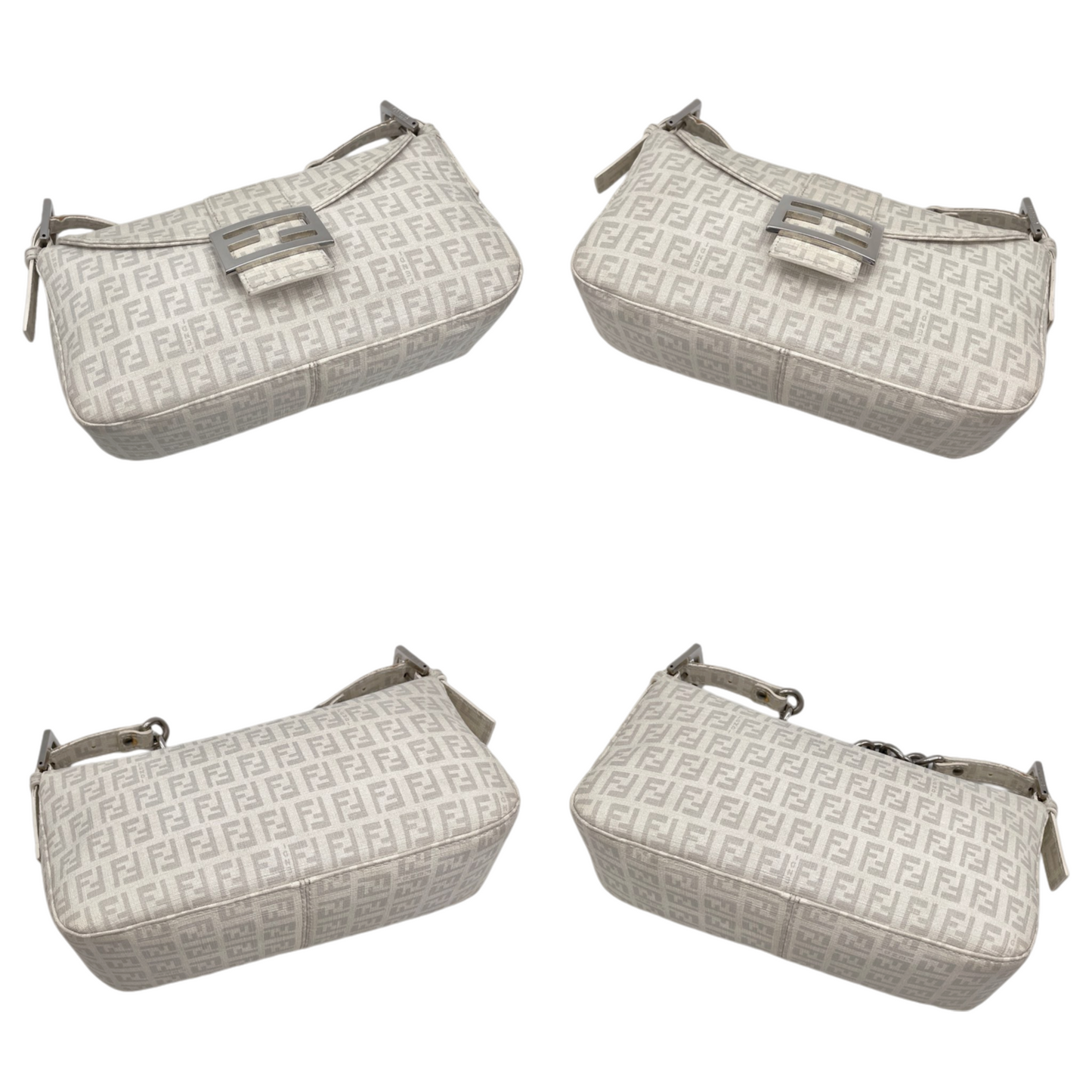 RARE★★★FENDI Mamma Baguette Zucchino PVC Round Double Flap Chain Shoulder Bag Medium White/Silver