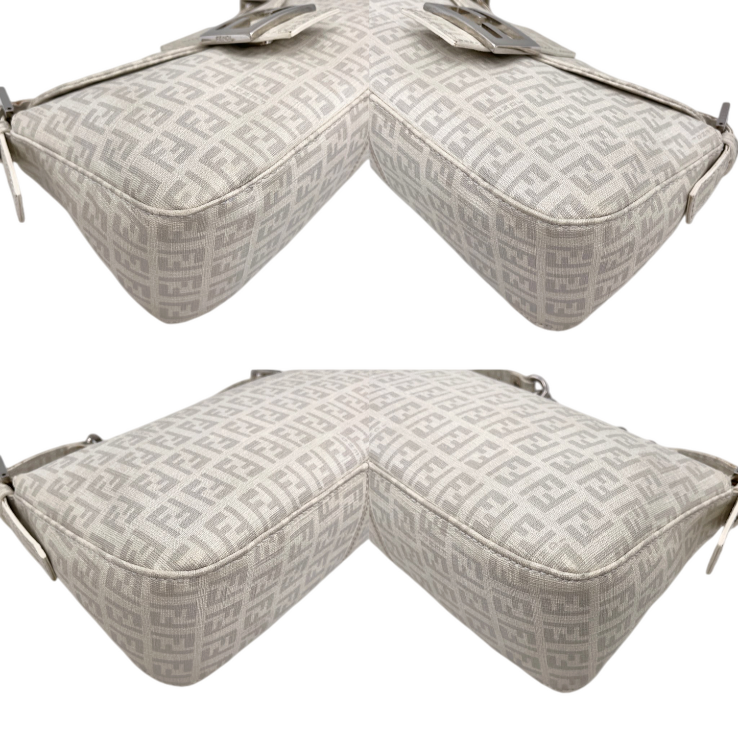 RARE★★★FENDI Mamma Baguette Zucchino PVC Round Double Flap Chain Shoulder Bag Medium White/Silver