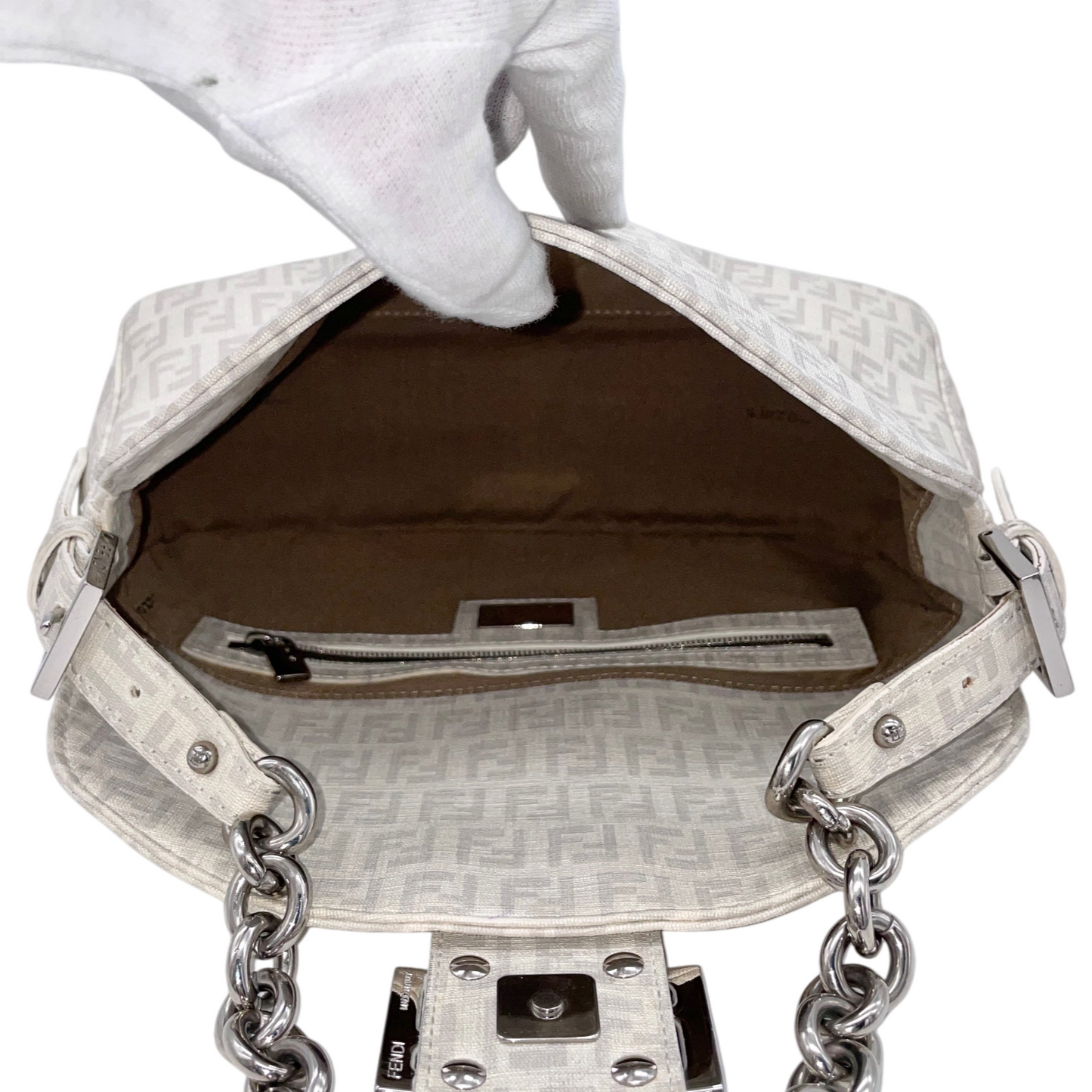 RARE★★★FENDI Mamma Baguette Zucchino PVC Round Double Flap Chain Shoulder Bag Medium White/Silver