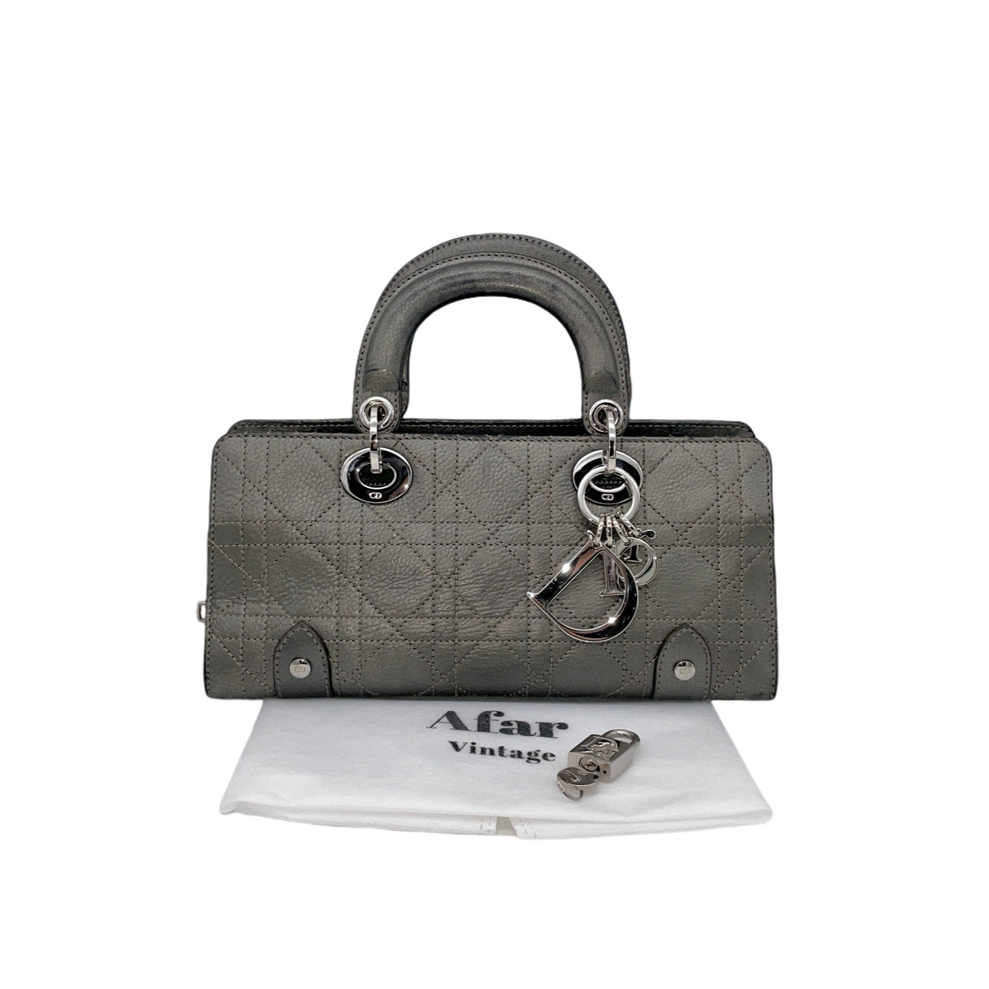 RARE☆☆☆☆CHRISTIAN DIOR Preloved Lady D-JOY Cannage Leather Hand Bag Limited Edition Color Gray & Silver