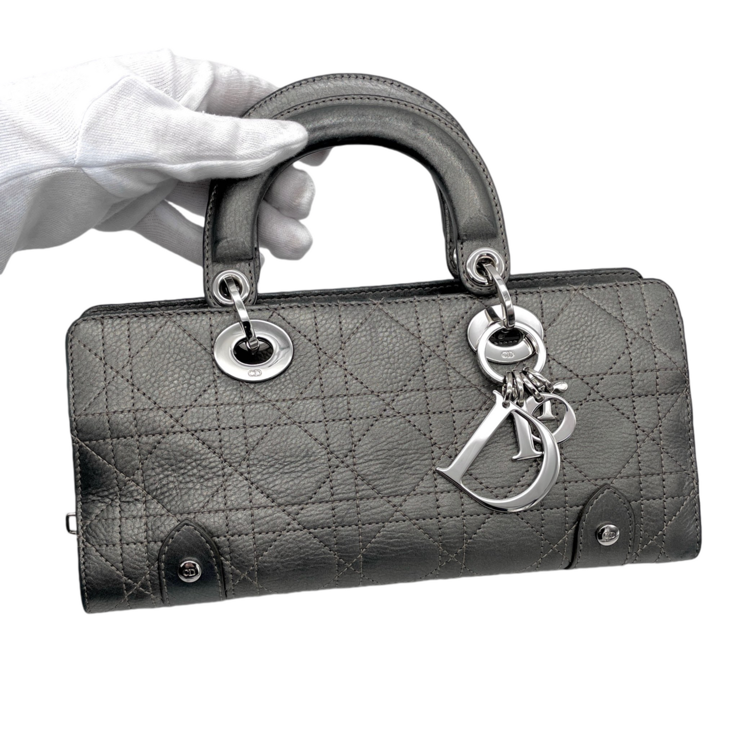 RARE☆☆☆☆CHRISTIAN DIOR Preloved Lady D-JOY Cannage Leather Hand Bag Limited Edition Color Gray & Silver