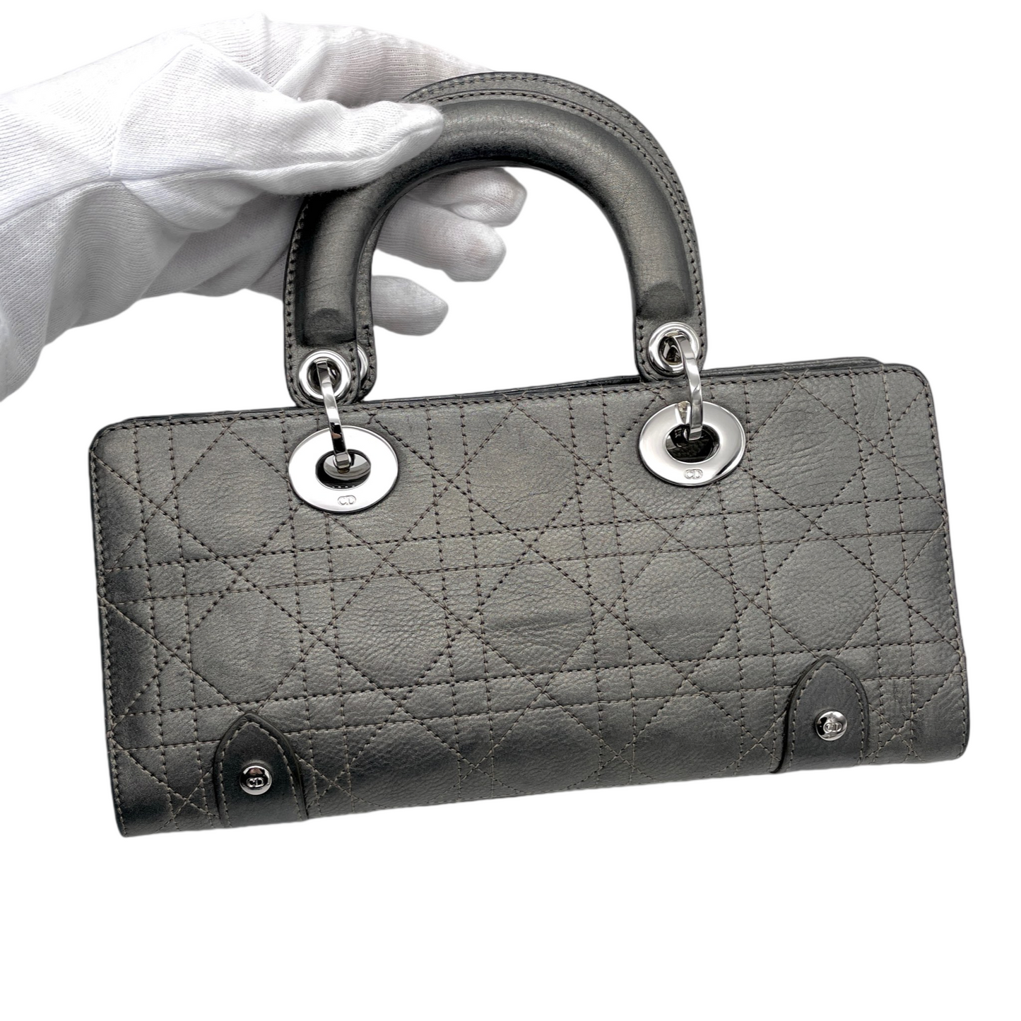 RARE☆☆☆☆CHRISTIAN DIOR Preloved Lady D-JOY Cannage Leather Hand Bag Limited Edition Color Gray & Silver