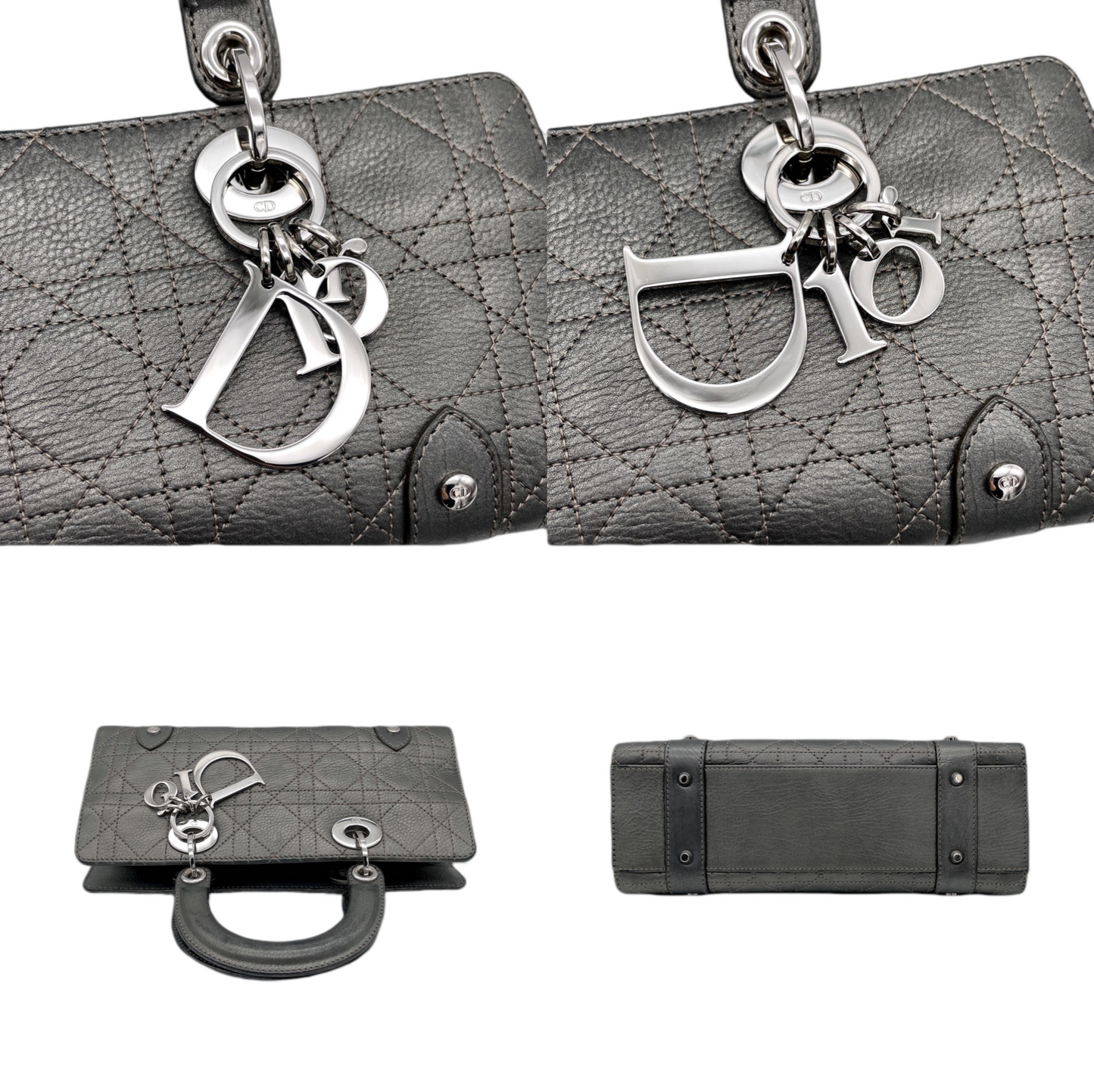 RARE☆☆☆☆CHRISTIAN DIOR Preloved Lady D-JOY Cannage Leather Hand Bag Limited Edition Color Gray & Silver