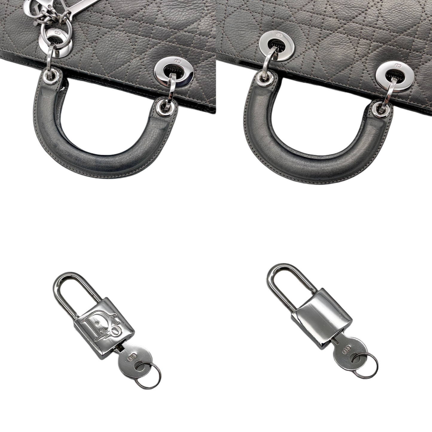 RARE☆☆☆☆CHRISTIAN DIOR Preloved Lady D-JOY Cannage Leather Hand Bag Limited Edition Color Gray & Silver