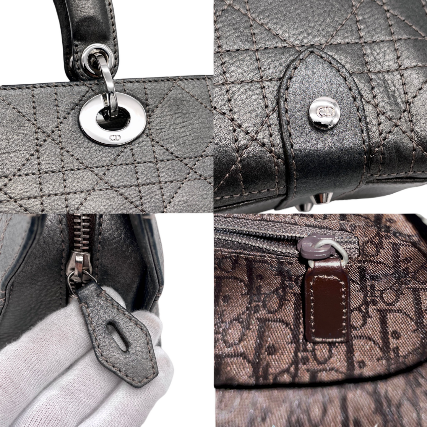 RARE☆☆☆☆CHRISTIAN DIOR Preloved Lady D-JOY Cannage Leather Hand Bag Limited Edition Color Gray & Silver