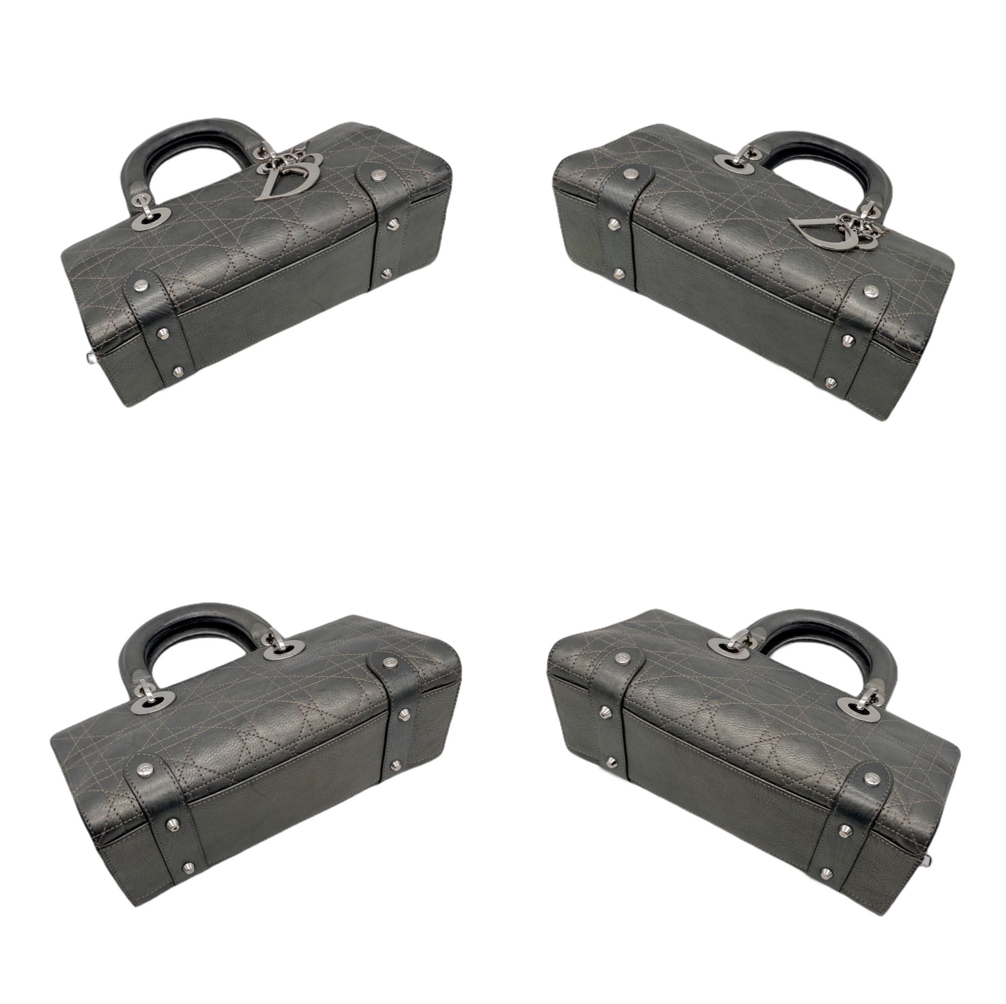 RARE☆☆☆☆CHRISTIAN DIOR Preloved Lady D-JOY Cannage Leather Hand Bag Limited Edition Color Gray & Silver