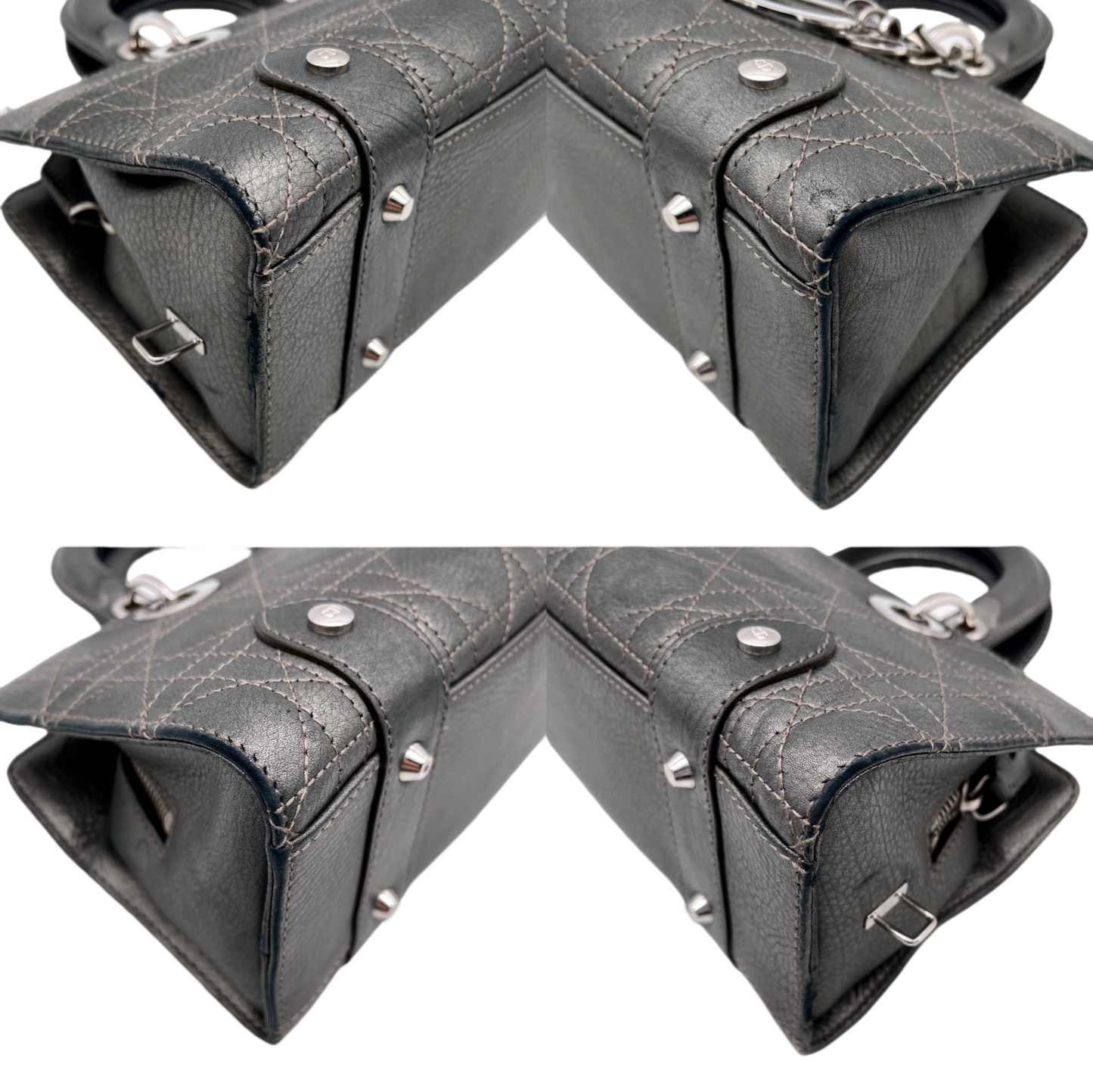 RARE☆☆☆☆CHRISTIAN DIOR Preloved Lady D-JOY Cannage Leather Hand Bag Limited Edition Color Gray & Silver